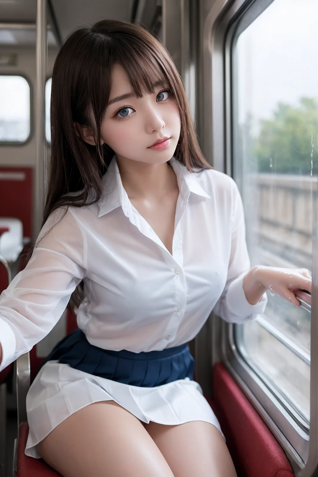 Tabletop, Highest quality, One Girl,Show off her white panties１．６Squat (beautiful girl, Cosplayers:1.3), (:1.2), Definition of Very Fine Particles, (Symmetrical eyes:1.3), (Beautiful views, Sit in a long seat on the train), (Low angle shot, From below, Front view:1.3), (school uniform, Wet, Sheer white shirt, mini skirt:1.3), Beautiful breasts, blue eyes, Parted bangs, Brown Hair