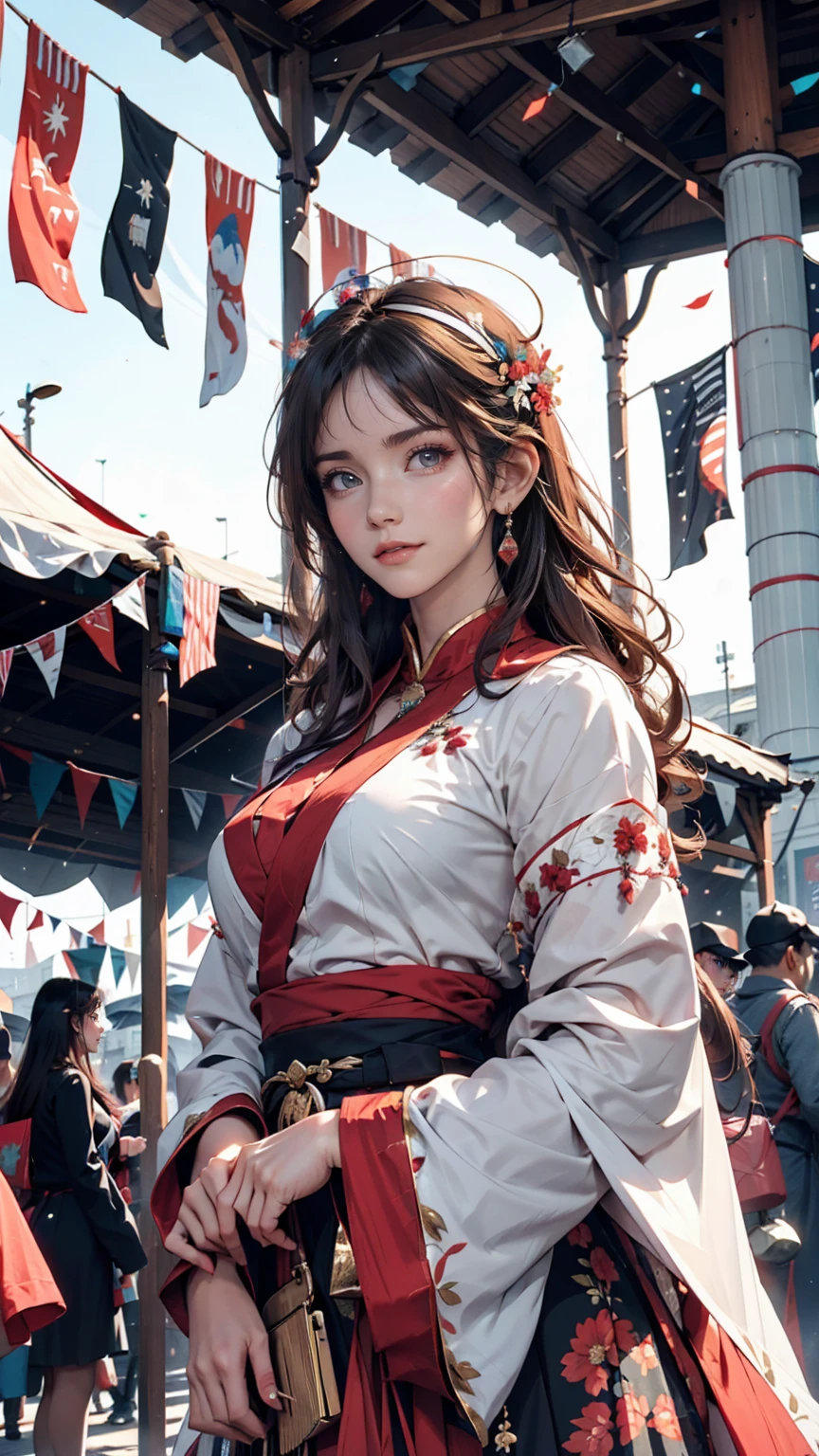 Women of the royal family wearing traditional national dress、Participating in a cultural festival。In the background you can see historic buildings and colorful flags.