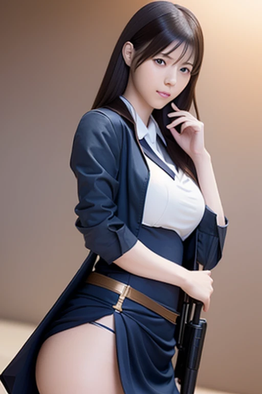 There is a woman in uniform posing with a gun, Thighs and skirt, Caitlin from League of Legends, Enchanting Anime Girls, Waist - Shot, Highly detailed Altjam, Anime Girl Cosplay, Range Murata and Altojam, Beautiful attractive anime woman, Azur Lane Style, Lower Angle, Thigh close-up, Captivating portrait of Tifa Lockhart