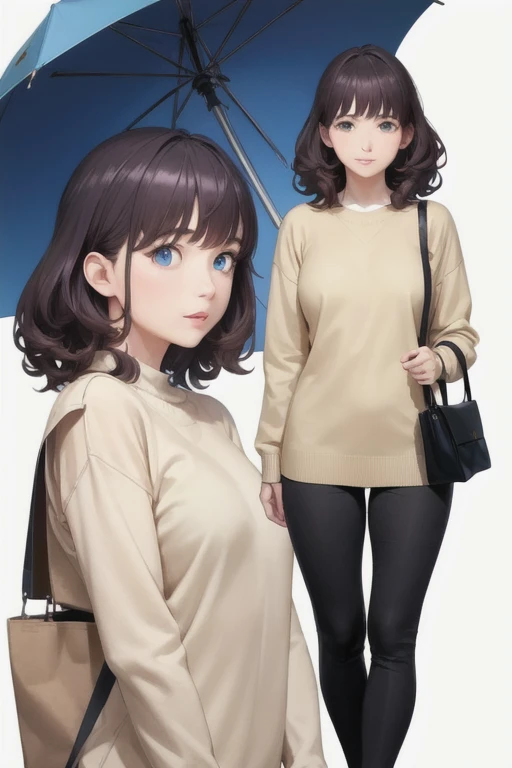 girl,Character design sheet,Beautiful attention to detail,Beautiful lip detail,Very detailed目と顔,Long eyelashes,Realistic,photoRealistic:1.37,Very detailed,Professional,Vibrant colors,Studio Lighting,Sharp focus,Physically Based Rendering,High resolution,超High resolution. blue eyes,Big eyes, Long Hair,Curly hair、Black Hair,Red cheeks,Droopy eyes,Small breasts,sweater,Chino pants,Tote,profile,whole body,Couple,Sharing an umbrella