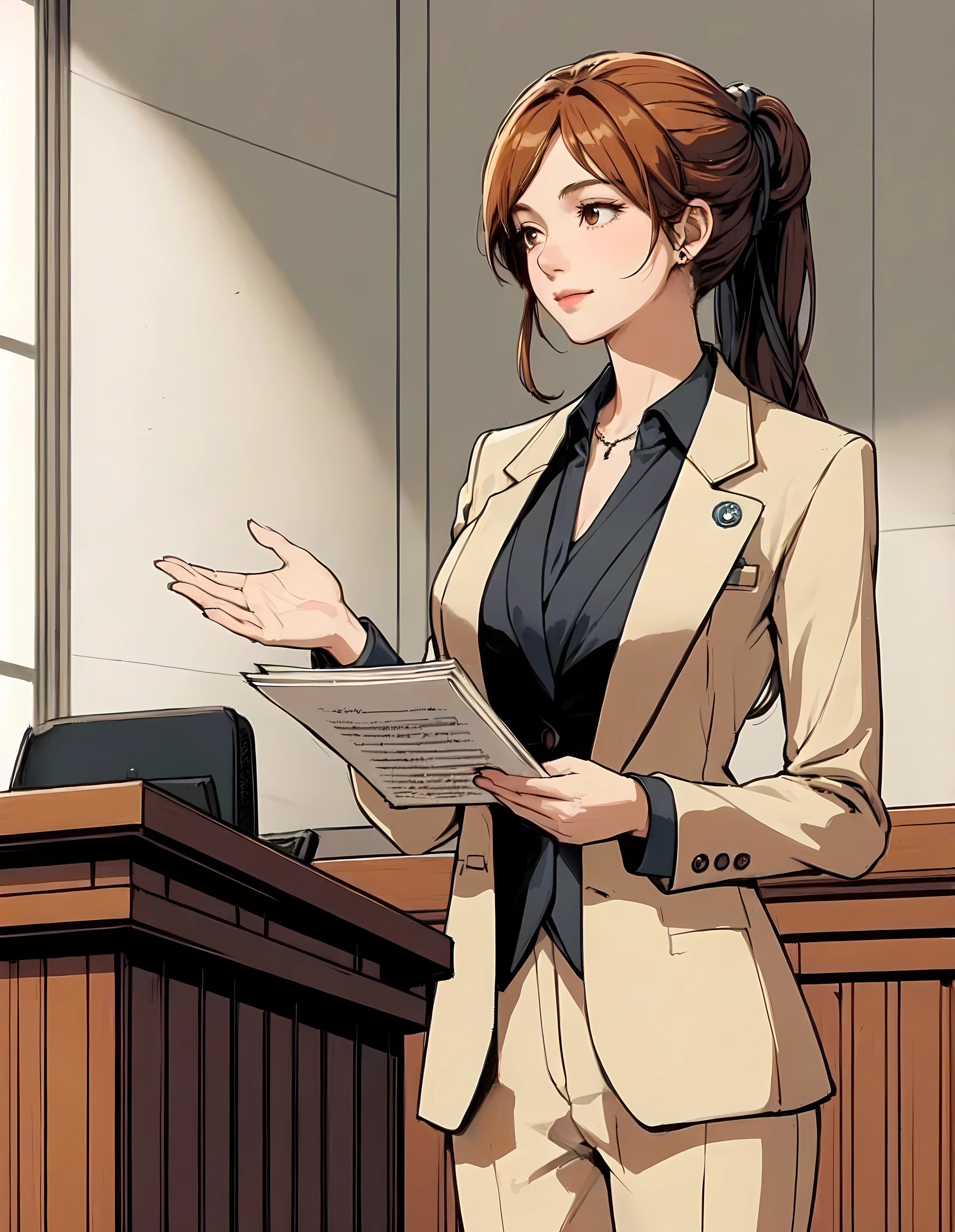 1lady standing, (presenting speech), lawyer, (beige suit jacket) (with small round badge on left chest), pants, (mature female:0.8), /(orange brown hair/) bangs, (light smile:0.8), (masterpiece best quality:1.2) delicate illustration ultra-detailed, large breasts, (holding documents in one hand) BREAK (modern courtroom) in session, indoors, detailed background
