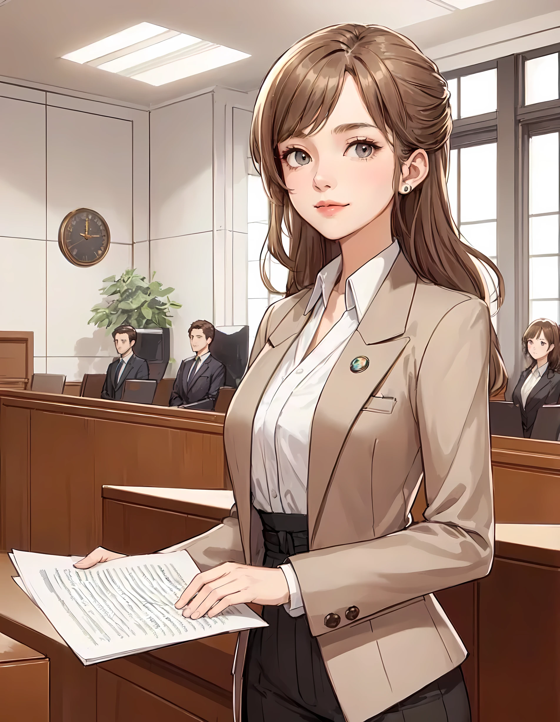 1lady standing, (presenting speech), lawyer, (beige suit jacket) (with small round badge on left chest), pants, (mature female:0.8), /(beige brown hair/) bangs, (light smile:0.8), (masterpiece best quality:1.2) delicate illustration ultra-detailed, large breasts, (holding documents in one hand) BREAK (modern courtroom) in session, indoors, detailed background