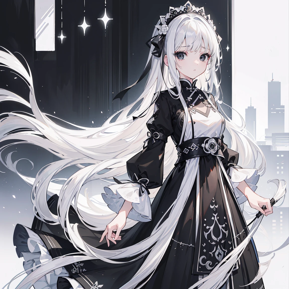 (Top image quality)、(Very detailed)、(Facing forward)、Top quality、masterpiece、(((1 girl )))、Silver Hair、White hair、((Long hair))、Weaving、(black eyes:1.6)、(White and black cheongsam)、Lots of decorations、Lots of ribbons、White Ribbon、Haggard、Fluffy loose hair