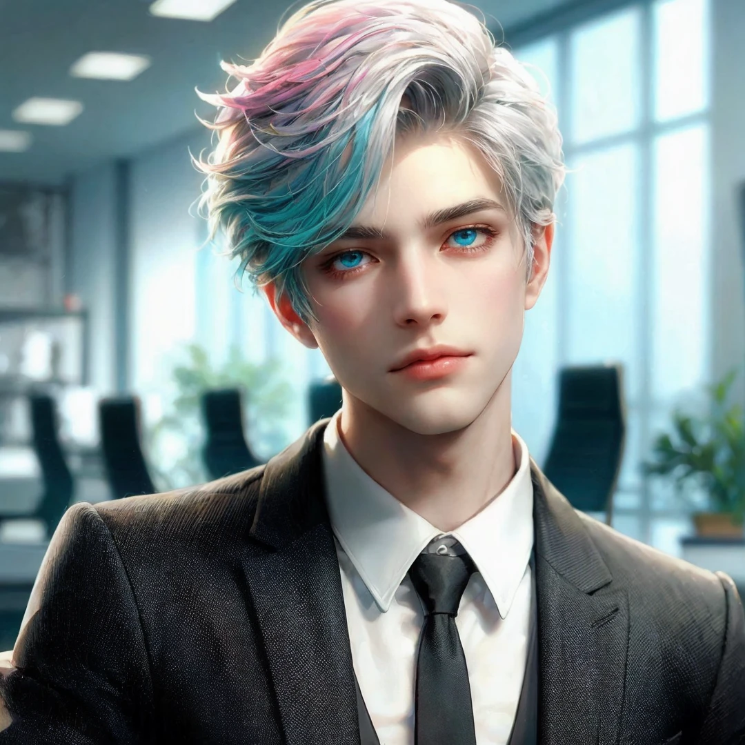Handsome boy, blue eyes, white hair highlighted with pink and turquoise, expressionless, wearing black formal suit, CEO office background