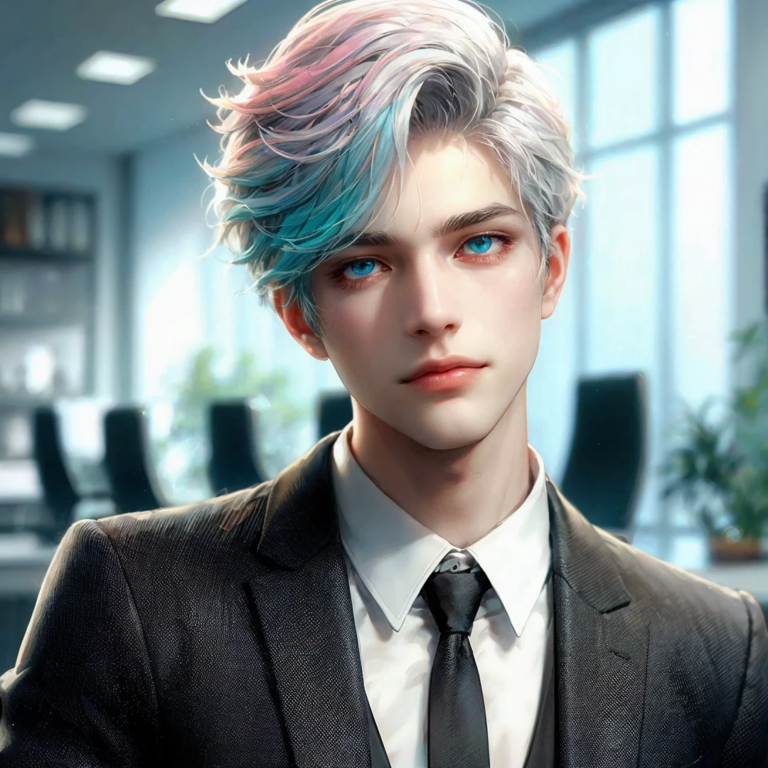 Handsome boy, blue eyes, white hair highlighted with pink and turquoise, expressionless, wearing black formal suit, CEO office background