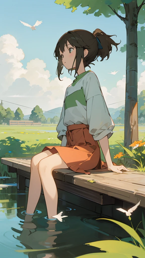 Vibrant and detailed anime-style illustration featuring a serene outdoor scene. The layout centers on a young couple sitting by a small pond, surrounded by lush greenery and wildflowers. The male character has short dark hair and is wearing an orange shirt, while the female character has long brown hair and is dressed in a white top and red skirt. They are holding hands and gazing at each other, creating a sense of intimacy and connection. The background showcases a bright blue sky filled with fluffy white clouds and a flock of birds flying. Raindrops are falling gently, adding a dynamic and refreshing element to the scene. The overall atmosphere is peaceful and romantic. In the bottom right corner, there is a small, white, cursive text that appears to be a signature. The sky dominates the upper part of the image, with the clouds creating a dynamic and expansive backdrop.