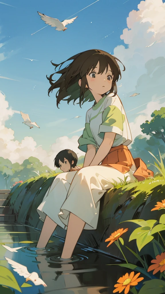 Vibrant and detailed anime-style illustration featuring a serene outdoor scene. The layout centers on a young couple sitting by a small pond, surrounded by lush greenery and wildflowers. The male character has short dark hair and is wearing an orange shirt, while the female character has long brown hair and is dressed in a white top and red skirt. They are holding hands and gazing at each other, creating a sense of intimacy and connection. The background showcases a bright blue sky filled with fluffy white clouds and a flock of birds flying. Raindrops are falling gently, adding a dynamic and refreshing element to the scene. The overall atmosphere is peaceful and romantic. In the bottom right corner, there is a small, white, cursive text that appears to be a signature. The sky dominates the upper part of the image, with the clouds creating a dynamic and expansive backdrop.
