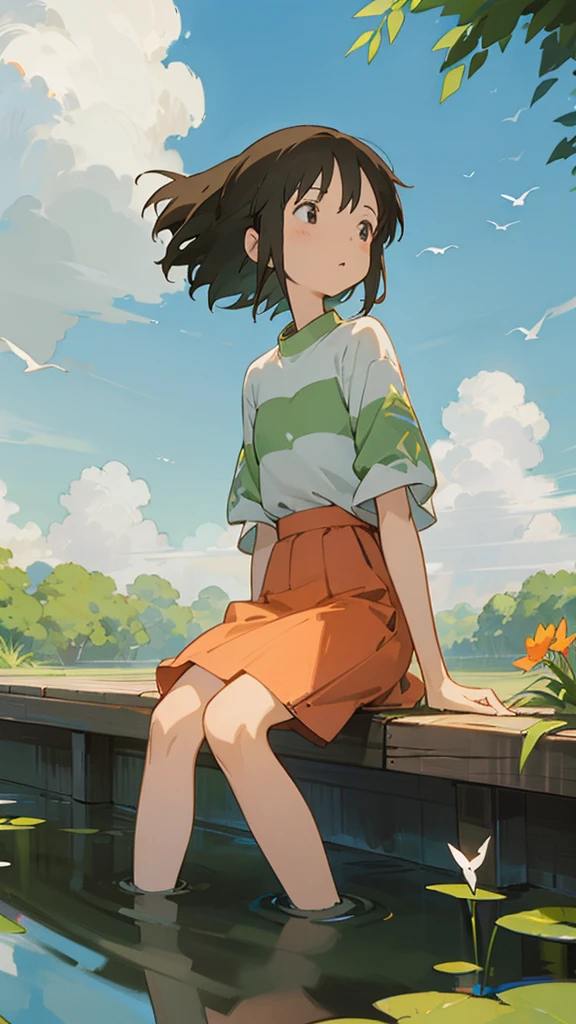 Vibrant and detailed anime-style illustration featuring a serene outdoor scene. The layout centers on a young couple sitting by a small pond, surrounded by lush greenery and wildflowers. The male character has short dark hair and is wearing an orange shirt, while the female character has long brown hair and is dressed in a white top and red skirt. They are holding hands and gazing at each other, creating a sense of intimacy and connection. The background showcases a bright blue sky filled with fluffy white clouds and a flock of birds flying. Raindrops are falling gently, adding a dynamic and refreshing element to the scene. The overall atmosphere is peaceful and romantic. In the bottom right corner, there is a small, white, cursive text that appears to be a signature. The sky dominates the upper part of the image, with the clouds creating a dynamic and expansive backdrop.