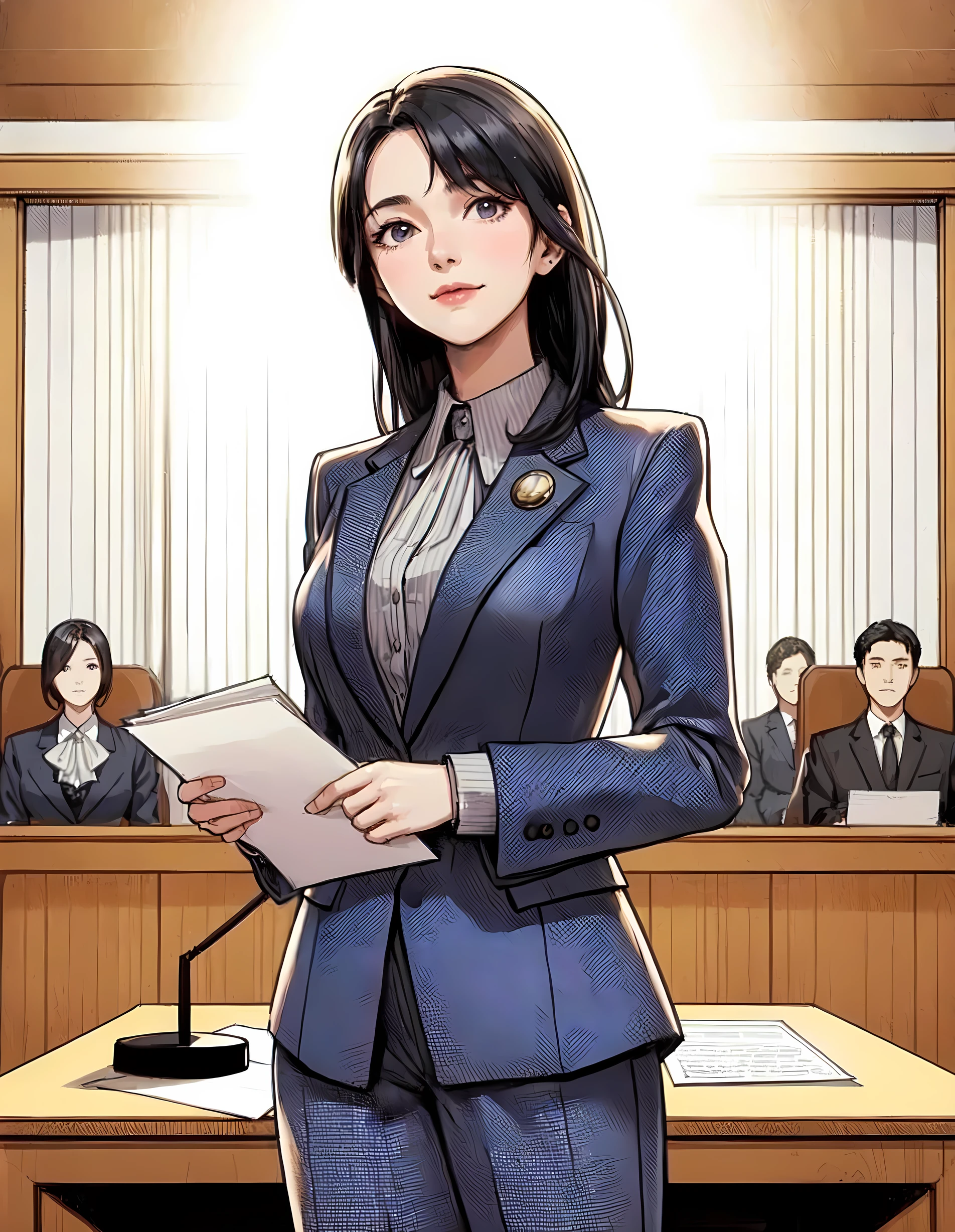 1lady standing, (presenting speech), lawyer, (blue gray suit jacket) (with small round badge on left chest), pants, (mature female:0.8), /(black hair/) bangs, (light smile:0.8), (masterpiece best quality:1.2) delicate illustration ultra-detailed, large breasts, (holding documents in one hand) BREAK (modern courtroom) in session, indoors, detailed background
