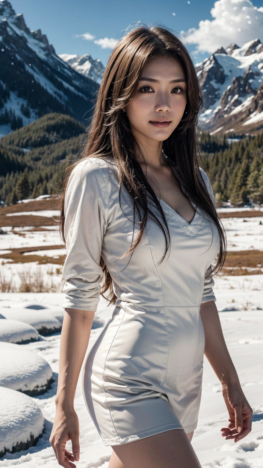 (realistic:1.3), finely detailed, quality, rembrandt lighting, (masterpiece:1.2), (photorealistic:1.2), (best quality), (detailed skin:1.3), (intricate details), dramatic, ray tracing, 1girl, very beautiful Thai girl, long hair, 21 years old, (snow mountain) , medium breasts, (Meadow, Sun, Clouds, snow Field, snow Farming, Starlight, Walking trail, snowing) , (pale skin:1.3), (seductive smile :1.2), Matsumoto Rangiku,