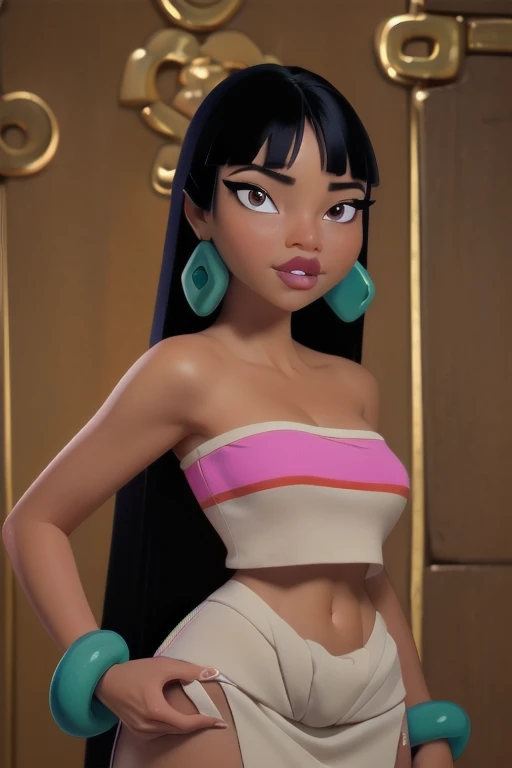 ((ultra quality)), ((masterpiece)), Chel, ((black-haired long hair)), (Beautiful face), (beautiful female lips), (), charming, ((sexy facial expression)), looks at the camera, (dark skin color), (dark skin), glare on the body, ((Detailed eyes)), ((Hazel eyes)), (juicy female lips), (brown lips), (dark eyeliner), (beautiful female hands), ((ideal female figure)), ideal female body, beautiful waist, beautiful hips, medium breasts, ((subtle and beautiful)), stands seductively, (Wearing: tube top, loincloth, emerald bracelet's and golden earrings:1.2), background: stone temple, ((depth of field)), ((high quality clear image)), (clear details), ((high detail)), realistically, professional photo session, ((Clear Focus))
