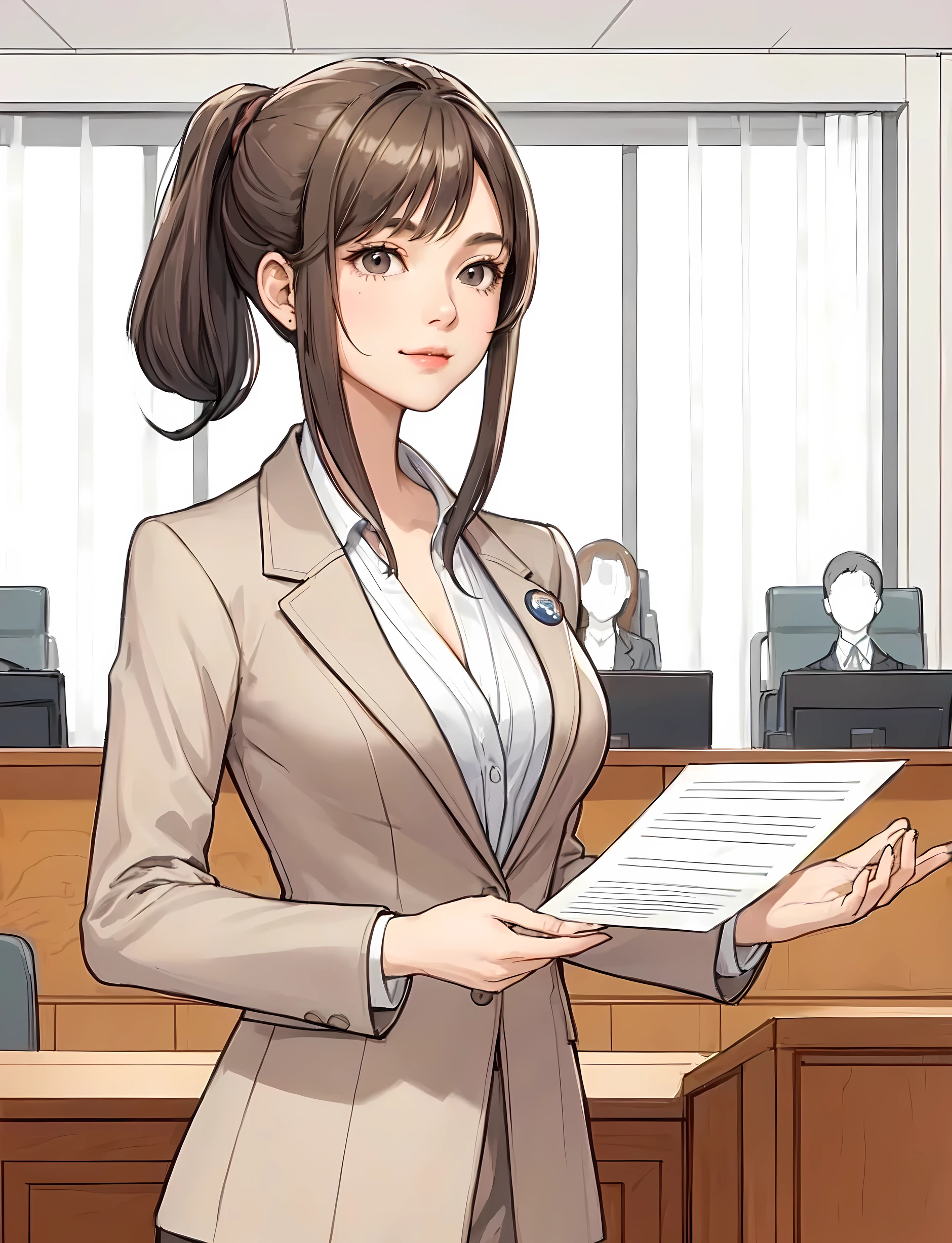 1lady standing, (presenting speech), lawyer, (beige suit jacket) (with small round badge on left chest), pants, (mature female:0.8), /(gray brown hair/) bangs, (light smile:0.8), (masterpiece best quality:1.2) delicate illustration ultra-detailed, large breasts, (holding documents in one hand) BREAK (modern courtroom) in session, indoors, detailed background