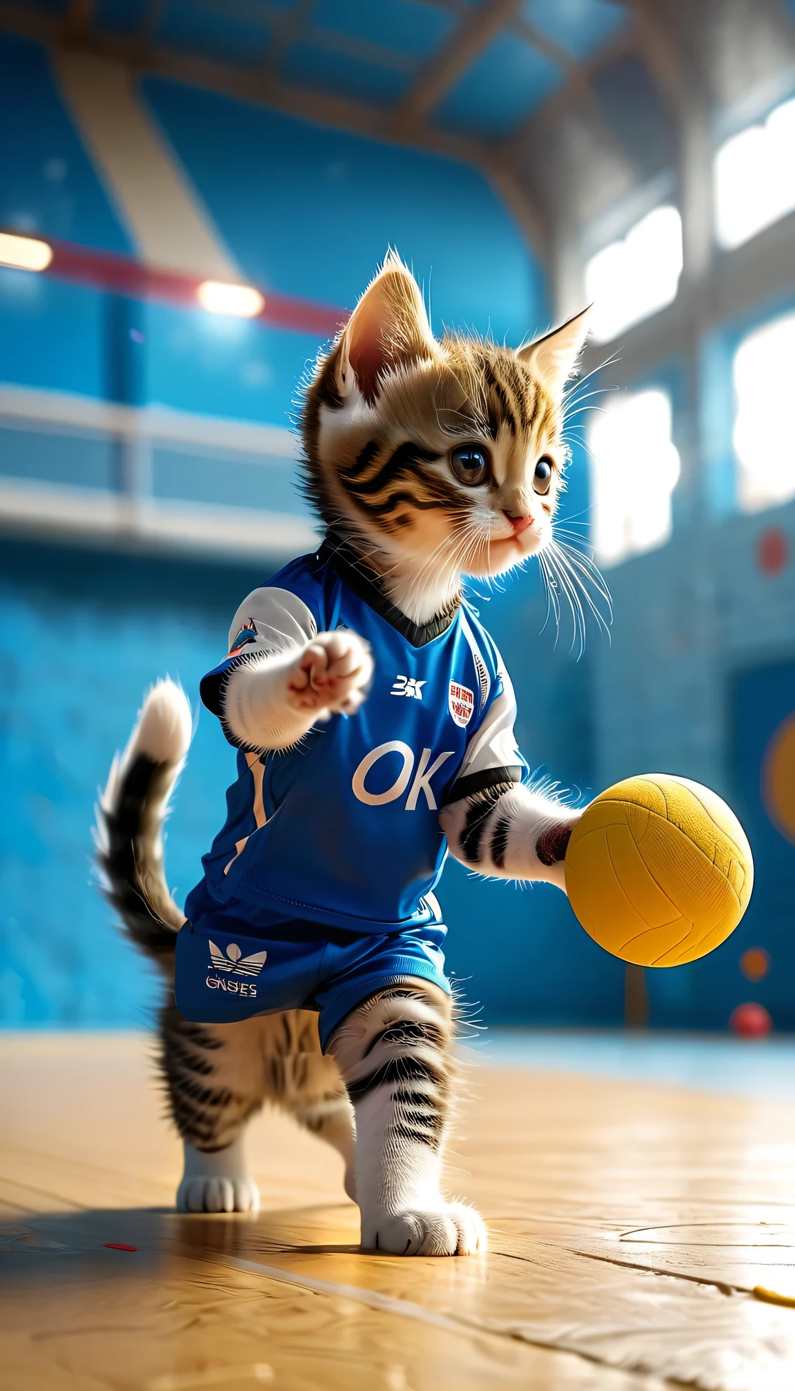 ((8k)), highest quality, 超High resolution, (High resolution), Olympic Handball, Kitten playing handball, A kitten is wearing handball wear, Handball court, Handball Goal, Loud cheers from the audience