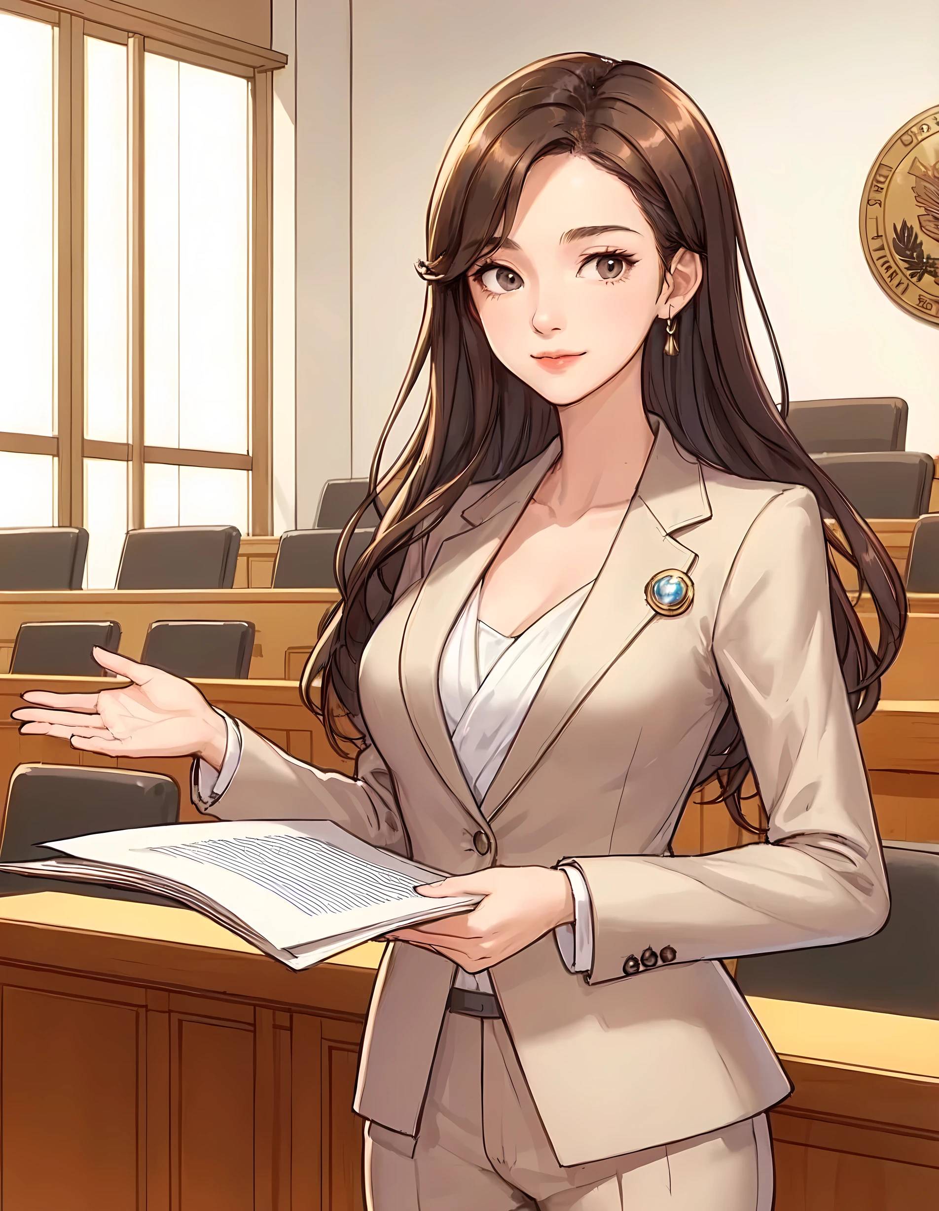 1lady standing, (presenting speech), lawyer, (beige suit jacket) (with small round badge on left chest), pants, (mature female:0.8), /(brown hair/) bangs, (light smile:0.8), (masterpiece best quality:1.2) delicate illustration ultra-detailed, large breasts, (holding documents in one hand) BREAK (modern courtroom) in session, indoors, detailed background