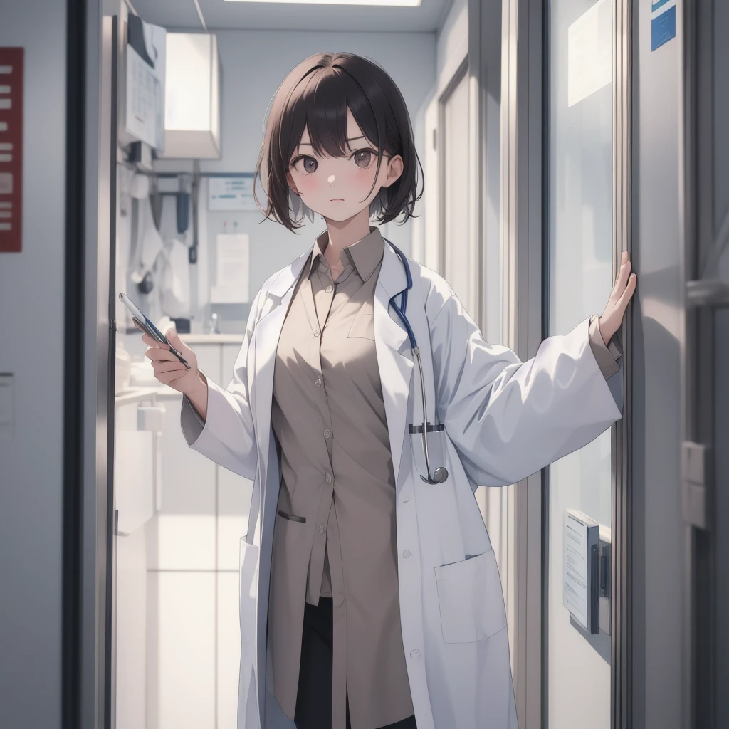 (raw photo, Best Quality),  masterpiece, Serious, natural lighting, 1 girl, 
lab coat, doctor&#39;s coat, Hospital operating room,  surgical light, naomi stethoscope_gratefully, nice legs, multicolored hair. multicolored eyes.