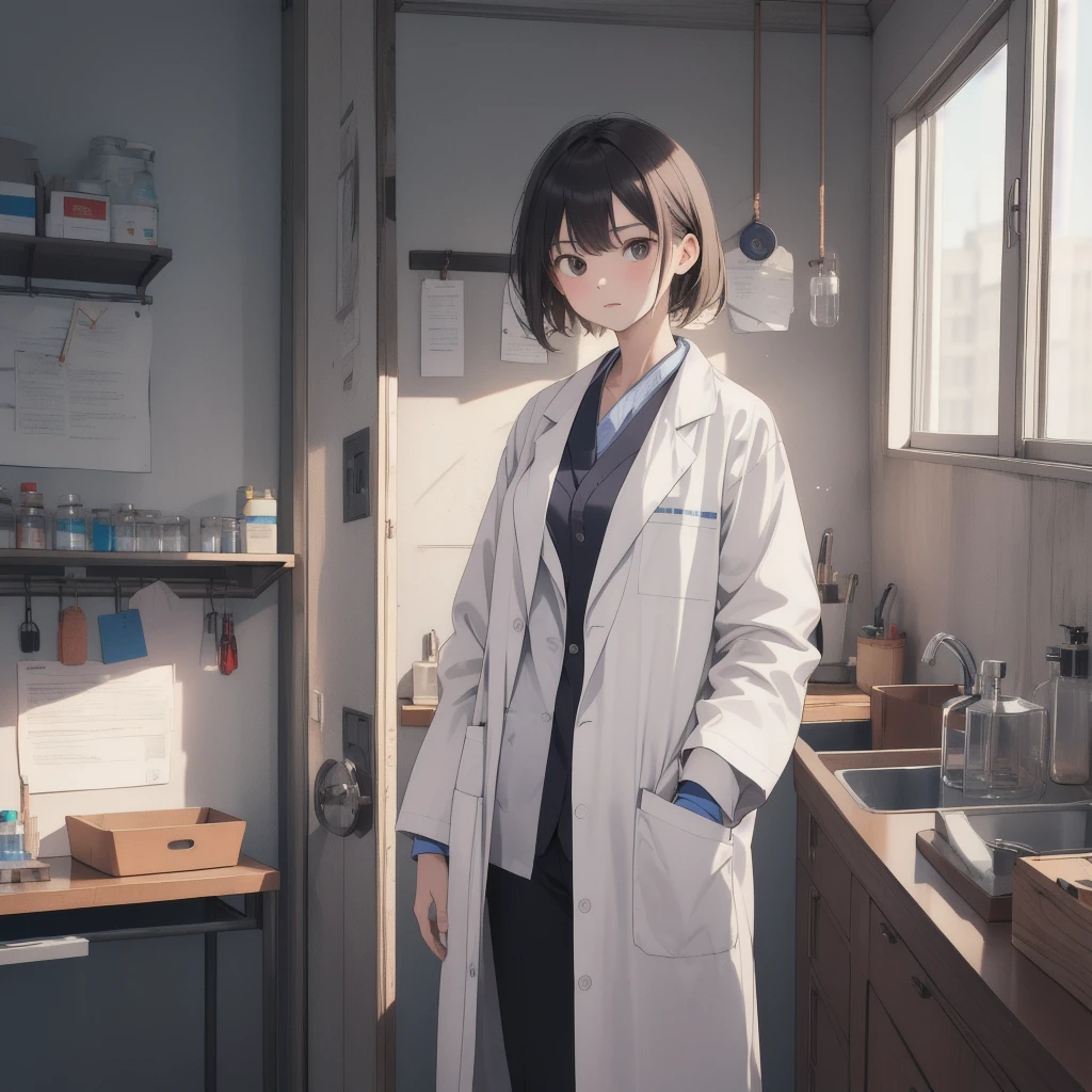 (raw photo, Best Quality),  masterpiece, Serious, natural lighting, 1 girl, 
lab coat, doctor&#39;s coat, Hospital operating room,  surgical light, naomi stethoscope_gratefully, nice legs, multicolored hair. multicolored eyes.