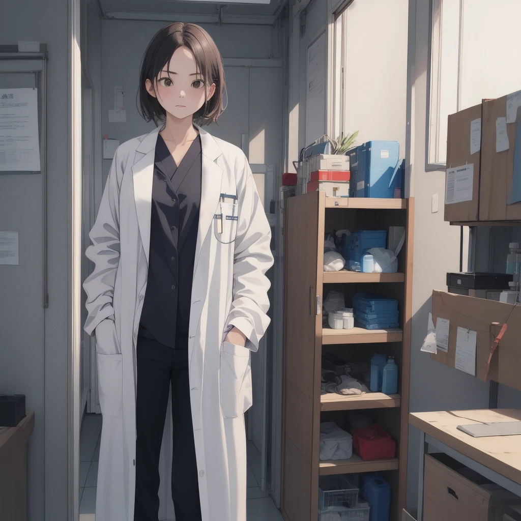 (raw photo, Best Quality),  masterpiece, Serious, natural lighting, 1 girl, 
lab coat, doctor&#39;s coat, Hospital operating room,  surgical light, naomi stethoscope_gratefully, nice legs, multicolored hair. multicolored eyes.