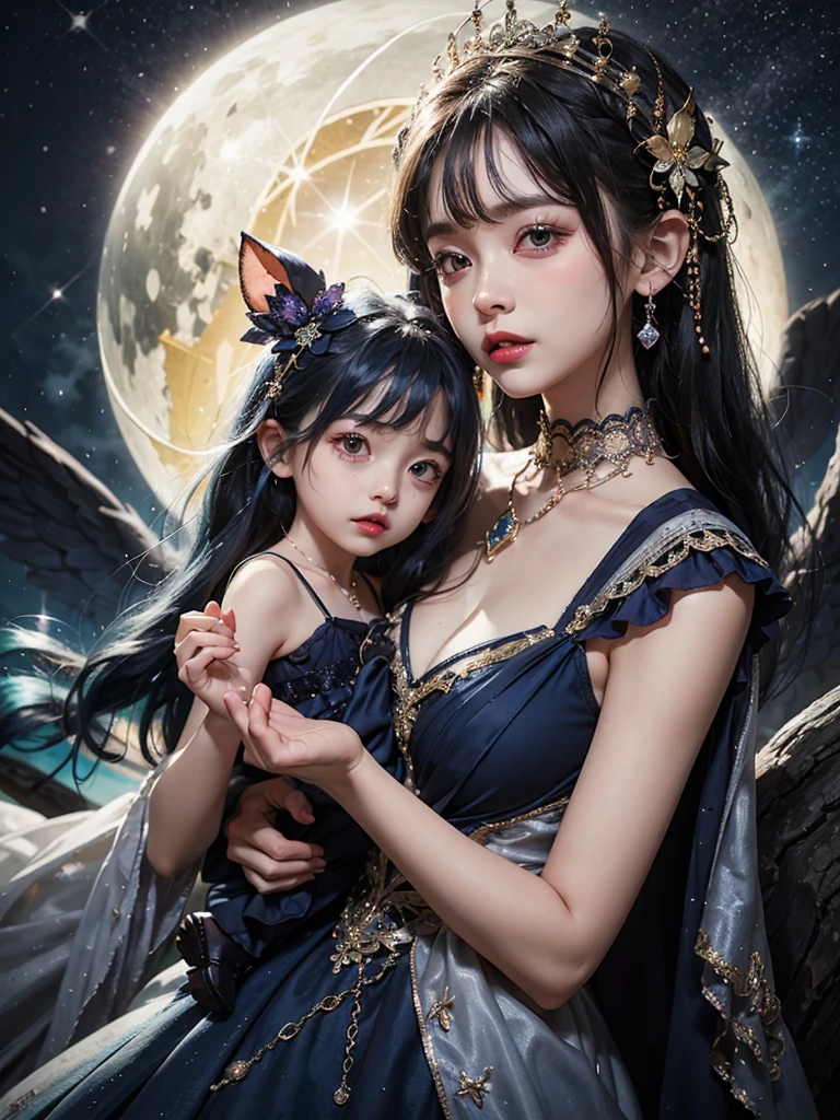 Ultra HD、A beautiful blue-haired character、Upper Body、幼児のようなBig eyes、Big eyes、Round eyes、Fortune teller with crystal、Holding the crystal in both hands、Red burning cheeks、Night scene with starry sky background、Wearing a gorgeous dress、Subtle details、A fantastic atmosphere、Anime style