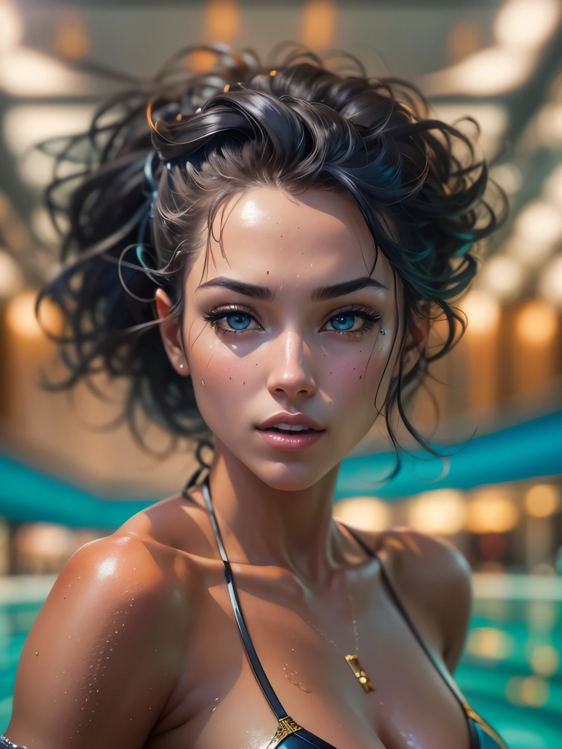 a close up of a woman In a bikini standing in a pool, Black Bikini, Elegant bikini, Metallic Bikini, Belted bikini, gorgeous model bikini, model bikini, sling bikini, In a bikini, In a bikini, Tiny Bikini, black Swimwear, Swimwear model, full body shot In a bikini, Shiny plastic bikini, Gorgeous figure, boutinela bikini, Swimwear,{{{{{{{(masterpiece, .CGI:1.4),(8k raw photo, best quality, masterpiece:1.2) super detailed official art,photorealistic:1.37, (outstanding, professional),masterpiece,best quality,ultra detailed,highres,high-resolution,4K,4Kportrait,8k,8kportrait,unity8kwallpaper,extremely detailed CG,realistic,RAW photo,real person,portrait photography,photorealistic,shiny skin,detailed skin,(((dynamic angle full body
and dynamic angle wide shot
and dynamic angle close-up
and dynamic angle upper body
and dynamic angle from above
and dynamic angle from behind
and dynamic angle from below
))),{{{{supermodel }}}},{{{{Photorealistic:1.4}}}}, beautiful detailed, highly detailed eyes and face, beautiful detailed eyes, ridiculous, incredibly ridiculous, super detailed, high resolution, highly detailed, top quality, masterpiece, illustration, highly detailed, CG, unified, 8k wallpaper, amazing, fine detail, masterpiece, top quality, highly detailed CG unified 8k wallpaper, face light, movie lighting,surrealistic female portrait, magic lights, 32K resolution, action poses, realistic photography, dynamic lighting, art station, volume lighting, highly detailed face, awarded, shadows}}}}}}},((Top Quality)), ((Masterpiece)), (Details: 1.4), 3d, Thick voluminous hair, light particles, pure energy chaos antitech, HDR (High Dynamic Range), ray tracing, nvidia RTX, super resolution, Unreal 5, subsurface scattering, PBR Texturing, post-processing, anisotropic filtering, depth of field, maximum clarity and sharpness, multi-layer textures, Albedo and specular maps, surface shading, accurate simulation of light and material interaction, perfect proportions, Octane rendering, two-tone lighting, wide aperture, low ISO, white balance, trichotomy, 8K RAW