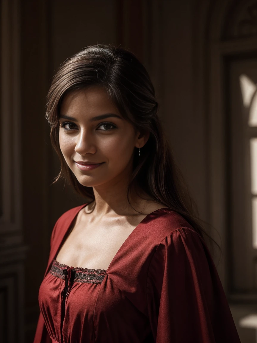 magnifique Latina de 22 ans dans une voirure aux longs yeux ronds, sombre, cheveux détachés, dans une robe rouge royal, regarder la caméra, grosses lèvres, doux sourire, Éclairage naturel doux, Photographie de portrait, Photographie magique, éclairage dramatique, Réalisme photographique, ultra détaillé, composition de portrait intime, 1/2 coups de corps,