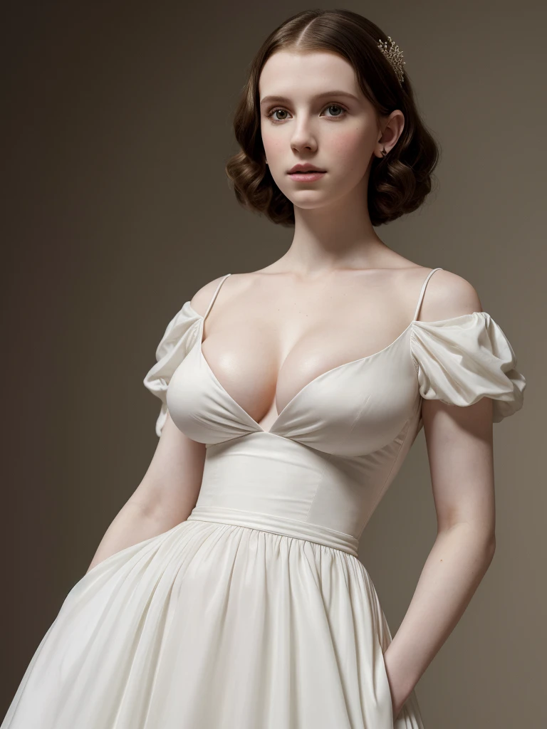 ((high resolution)), ((pale skin)), ((very pale skin)), Millie Bobby Brown, ((huge breasts)), white dress, in the style of Anthony van Dyck