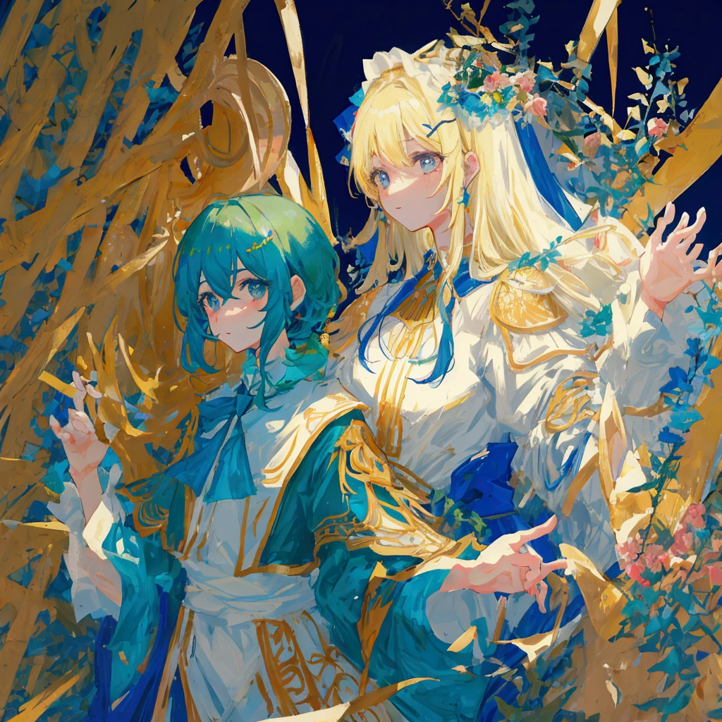 Vibrant and dynamic anime-style illustration featuring a tall young girl character with striking blonde hair and super short, her hair is short and reaches the nape of his neck at the back, he has two strands on the forehead that reach his cheeks, expressive blue eyes. She is sitting on the floor with her right hand on her chin, and her other hand resting on her leg, her expression is flirtatious and fun. The character has a fair complexion and is adorned with a golden jewel on her forehead. si is dressed in a flowing white and blue outfit with gold accents, and they hold a cigarette in one hand. The background is a blank space. The overall composition is energetic and colorful, with a focus on the character's cheerful and confident expression.