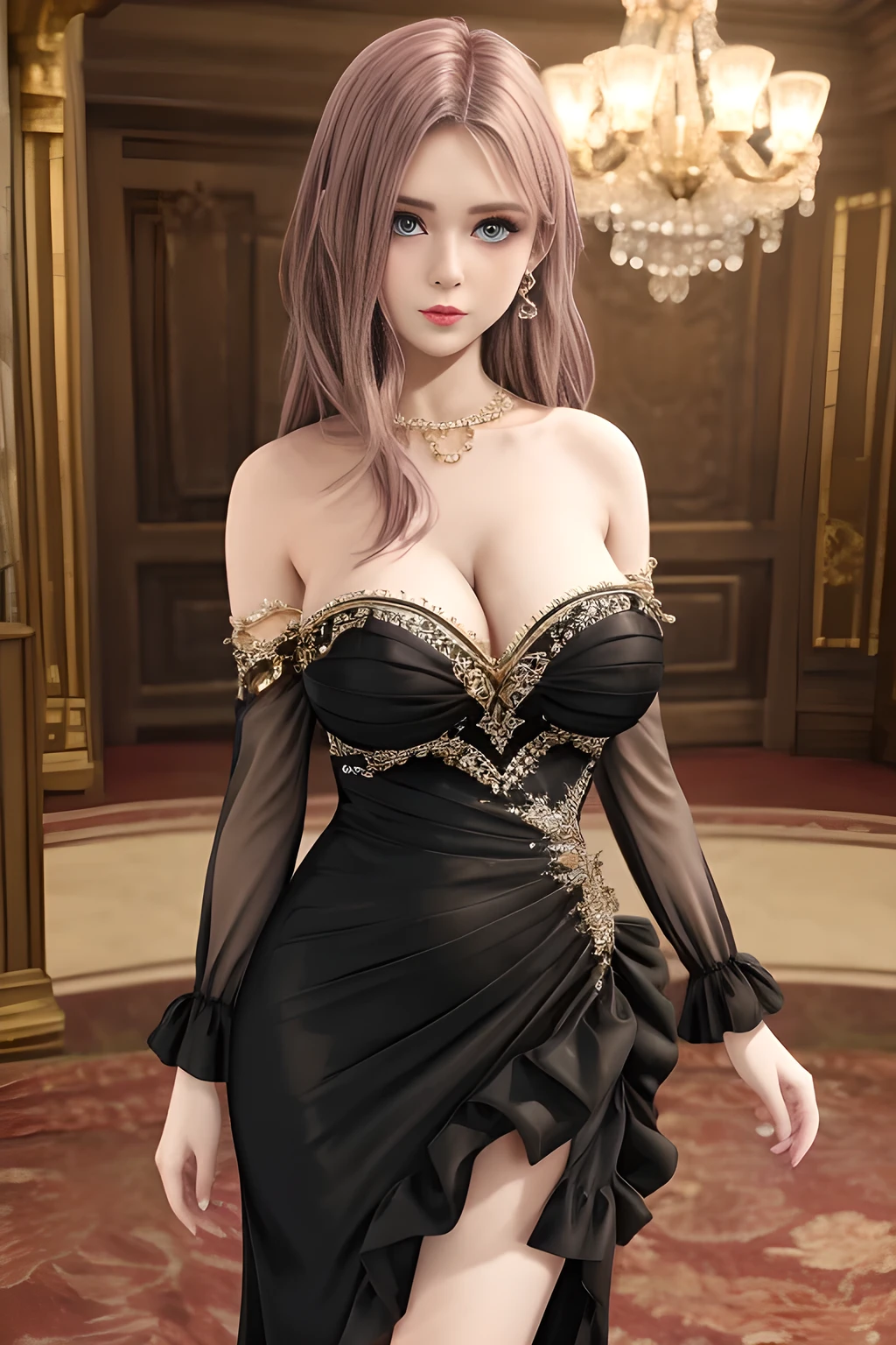 1girl is wearing an elegant black strapless dress. The dress is beautifully designed with ruching on the bodice and a cascading ruffled asymmetrical hem, adding a playful and chic touch to the outfit. The person is standing upright, with one hand gently touching their leg and the other hand relaxed by their side. The background is plain and neutral, drawing attention to the dress itself. The lighting is soft, highlighting the details of the dress and creating a fashionable and stylish atmosphere,, huge breasts, elise
