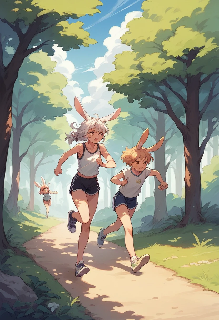 a large group of women, in running shorts, napping in the shade of tree, Rabbit girl 