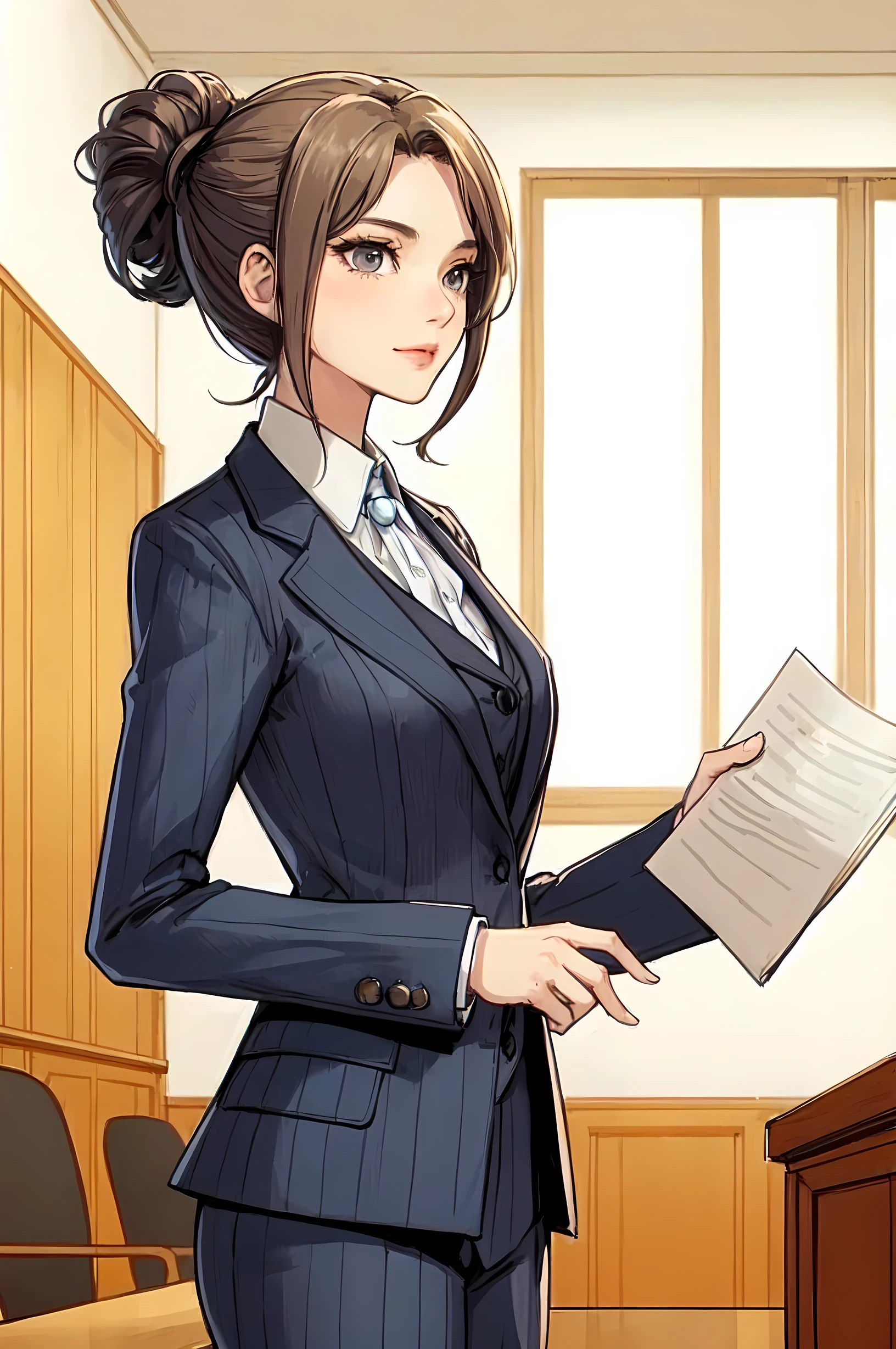 1lady standing, (presenting speech), lawyer, (dark gray suit jacket) (with small round badge on left chest), pants, (mature female:0.8), /(beige brown hair/) bangs, (light smile:0.8), (masterpiece best quality:1.2) delicate illustration ultra-detailed, large breasts, (holding documents in one hand) BREAK (modern courtroom) in session, indoors, detailed background