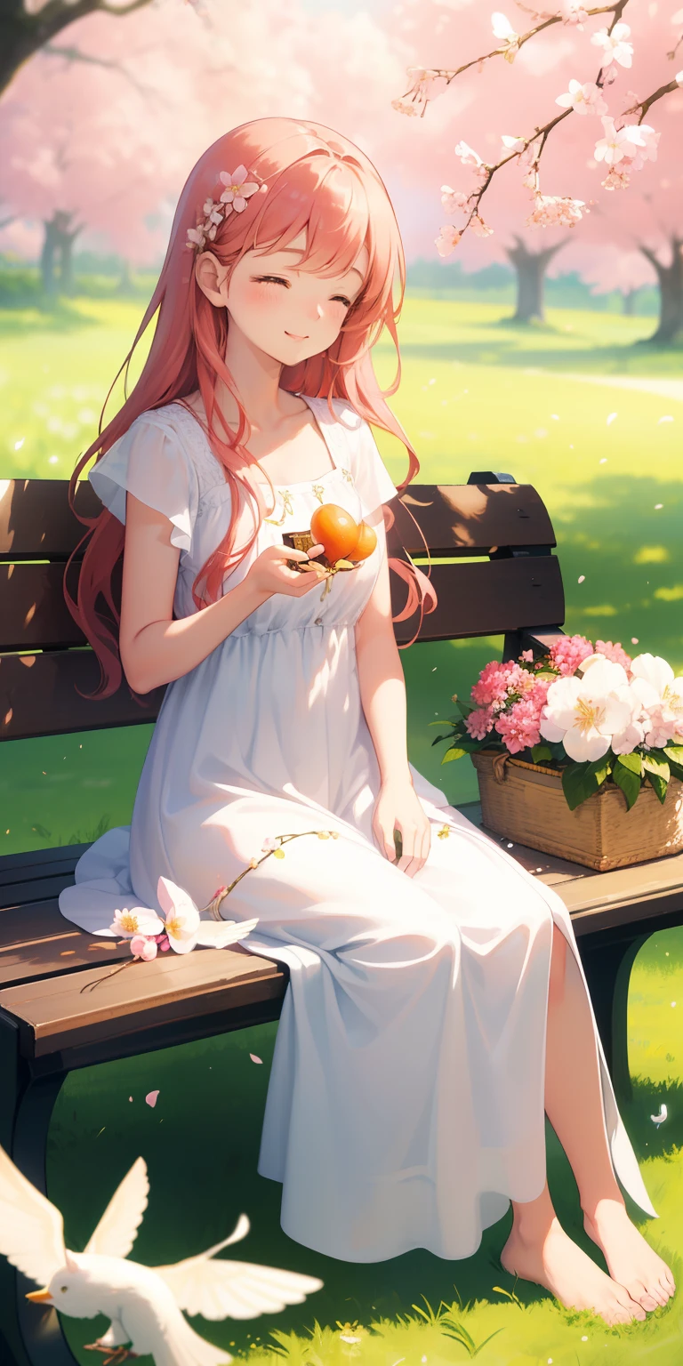 (tmasterpiece, Best quality at best, Photorealistic, A high resolution:1.3), Young girls, (elegant guitarist:1.2), (long chestnut pink hair:1.1), (soft hazel eyes:1.2) exuding warmth, Tranquil outdoor environment, (Sunny garden:1.2), flowers in full bloom, vibrant butterflies, light wind, (White summer dress:1.1), Walking barefoot on the green grass, (acoustic electric guitar:1.2), Fingers gently pluck the strings, (Melodious :1.1), Enchanting melodies fill the air, soft sun light, a warm color palette, peacefulatmosphere, (A satisfied smile:1.2), Close your eyes in harmony, (singing birds:1.2) perch nearby, intimacy with nature, (bench:1.1), old age, (Picnic basket:1.1) Served with fruit and wine, golden hour glow, (Emotional resonance:1.2), bird's eyes view, immerse in the moment, (Scenes:1.3), Soft sun light casts long shadows, cherry blossom trees in the background, Calm happiness, a white cat sit next to her