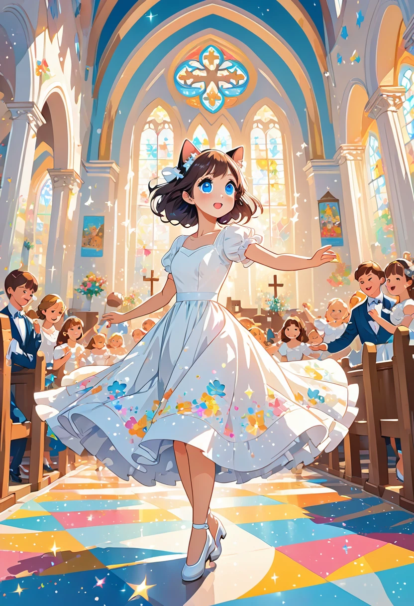 animal poster, flat illustration, vector art, cute cat girl dancing a waltz in a white dress at a church, with a cross, sparkling big eyes, perspective, vivid color,