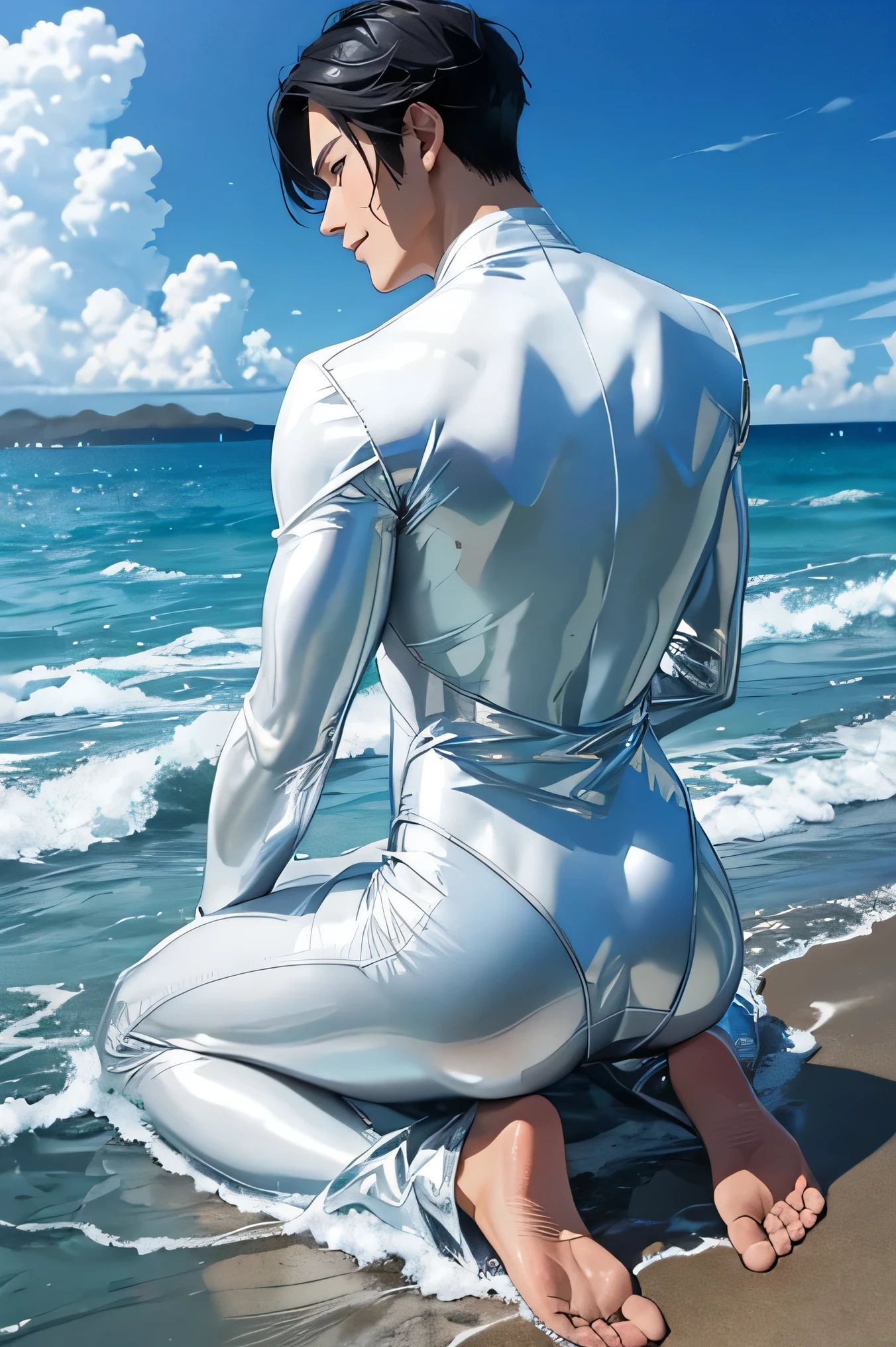 Handsome Japanese male models Black Hair Short cut Slim figure barefoot smile looking at the camera soaked Ocean Shiny white and silver suit A shiny silver latex suit that covers the skin Bulge Close-up Bright blue sky Back view back Butt close-up Manly handsome man on his knees」