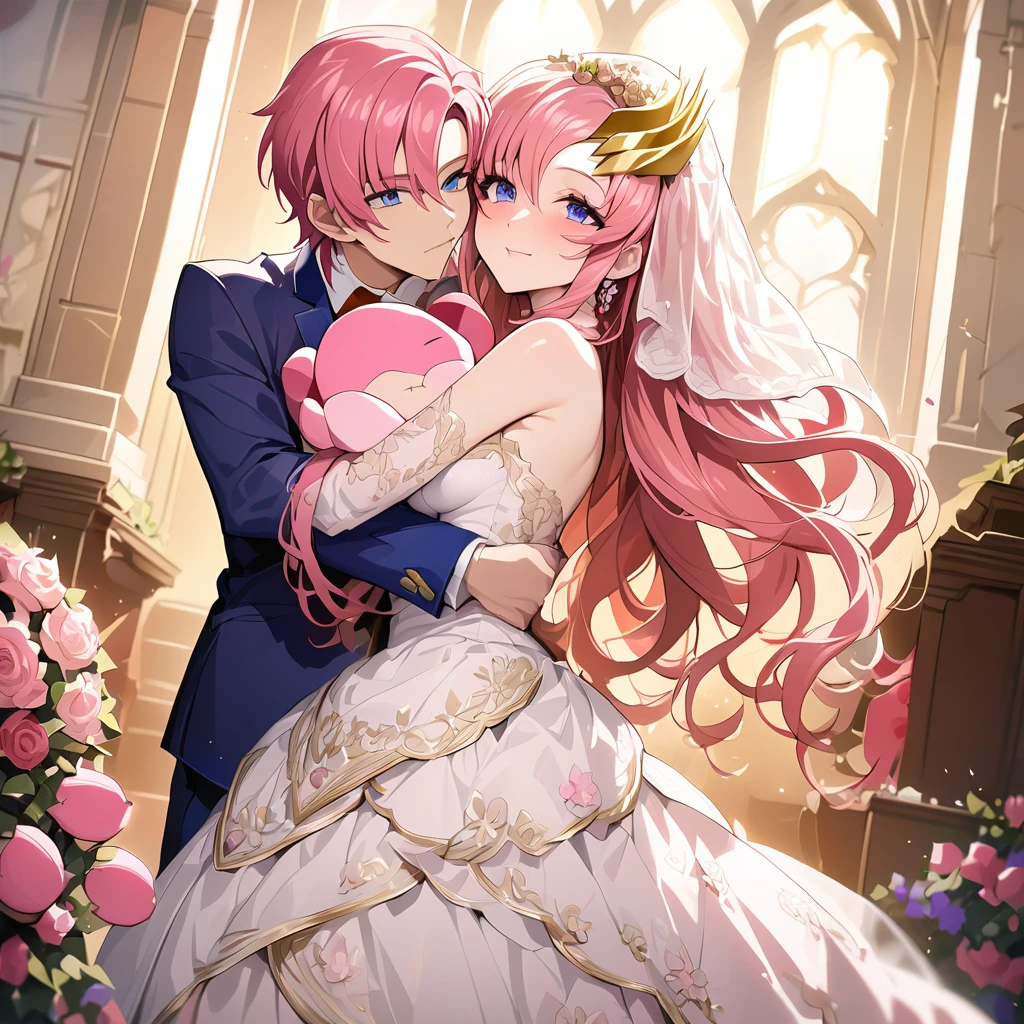((Highest quality)), ((masterpiece)), (detailed), (Perfect Face)、The woman, Lacus Ram Tao, is happily walking down the red carpet aisle, embraced by Orpheus, a handsome man with blue eyes, medium-long pink hair, and slightly longer blonde hair wearing a white tuxedo.、The woman is Queen of Accord, wife of King Orpheus of Accord, wearing a vintage wedding dress and wedding veil with gorgeous gold embroidery and trim, an engagement ring, beautifully decorated accessories, and gorgeous hair ornaments. She is named Lux Lam Tao and has medium-long pink hair.、Beloved wife of Orpheus, King of Accord