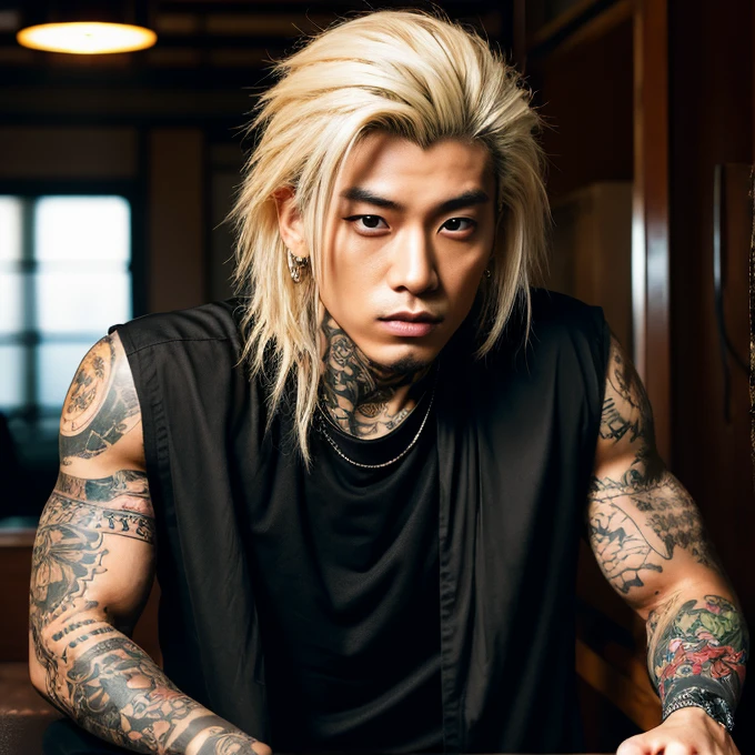 1 man, Japanese man, male, Asian eyes, muscular, broad shoulders, yakuza tattoos, hairstyle Visual Kei style, hair Visual Kei, black men's shirt and black pants, ultra detailed face, hyperrealistic, realistic representation, long hair, long hair, 30 years old, age 30 years, blond, blonde hair