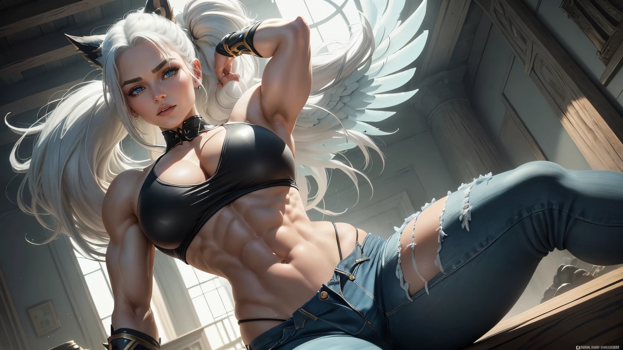 arafed female angel with wings sitting on a ledge, bodybuilder superhero bikini, muscular warrior women, inspired by Ryan Barger, inspired by Tyler Edlin, she - hulk, she hulk, by Zoltan Boros, muscular female druid, epic angle and pose, muscular girl, bikini-armor, muscular sweat lara croft, mark brooks detailed,(masterpiece, best quality, ultra-detailed, best shadow), (detailed background, dark fantasy), high contrast, (best illumination, an extremely delicate and beautiful), ((cinematic light)), colorful, hyper detail, dramatic light, intricate details, (1girl, solo,white hair, sharp face,low twintails, blue eyes, hair between eyes, dynamic angle, (beautiful detailed face, jeans), ), (lemons splatter), depth of field, black light particles,jitian, muscular super strong asian woman, strong biceps, strong abs, huge breaser muscular bodybuilder, scary, emposing, white hair and blue eyes,(masterpiece, best quality, ultra-detailed, highres, best illustration), 1girl,cowboy shot of beautiful xyzkefla super saiyan, green hair, green eyes, spiked hair, energy, (torn clothes), jewelry, aura, leggings, red clothing, detailed, sharp focus, dramatic, cinematic lighting, bodybuilder,(Imagem 8k, .RAW:1.2),best quality, Ultra high resolution,Impressive angles,(Respingo de detalhe cintilante), (illustration), 1 Homem, Saltando, Muscle, suar, sexy, Sem ro, pacote de seis, Perfect appearance, cabelos ondulados, (detailed sky), lua, High level, detalhe, (master part, best quality, detalhe extremo CG Unity wallpaper 8k, master part, best quality, Detalhes especiais),