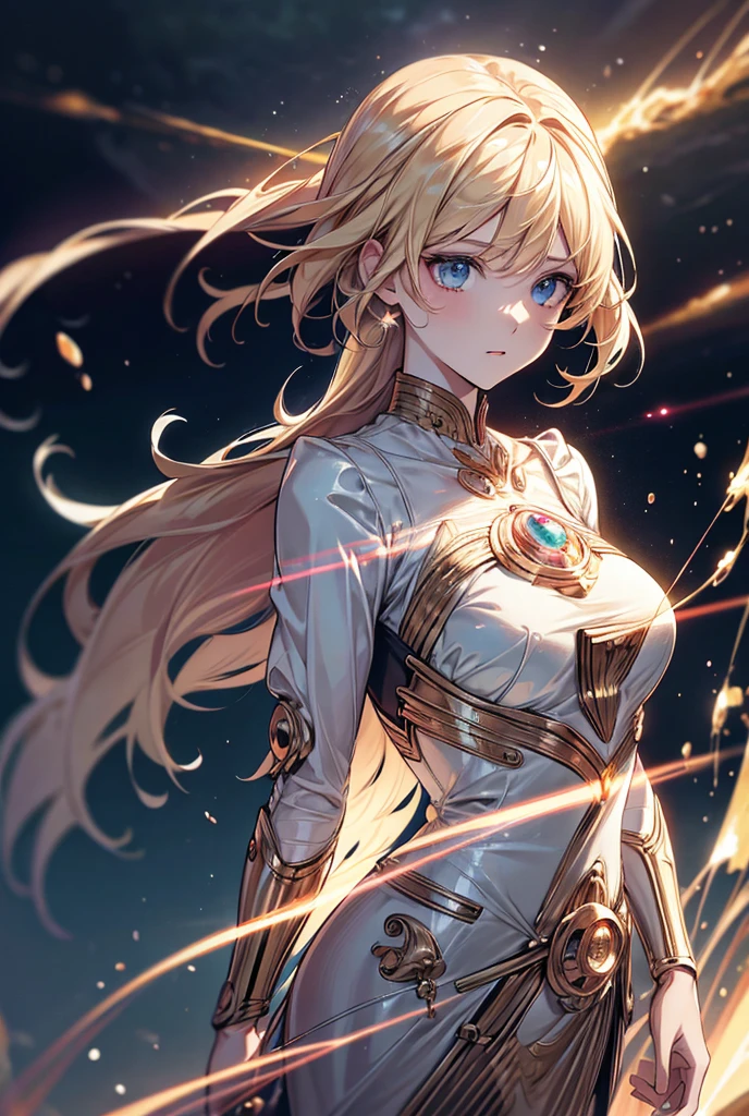Surrealism, anime, glowing light, 8k, super detail, UHD, masterpiece, accurate, anatomically correct, textured skin, super detail, high details, high quality, award winning, best quality, highres, retina
Theme: Girl inspired by JupiterHair: Gold Personality: Appears strong yet has a gentle faceElement: LightningBackground: Freely flying among large clouds