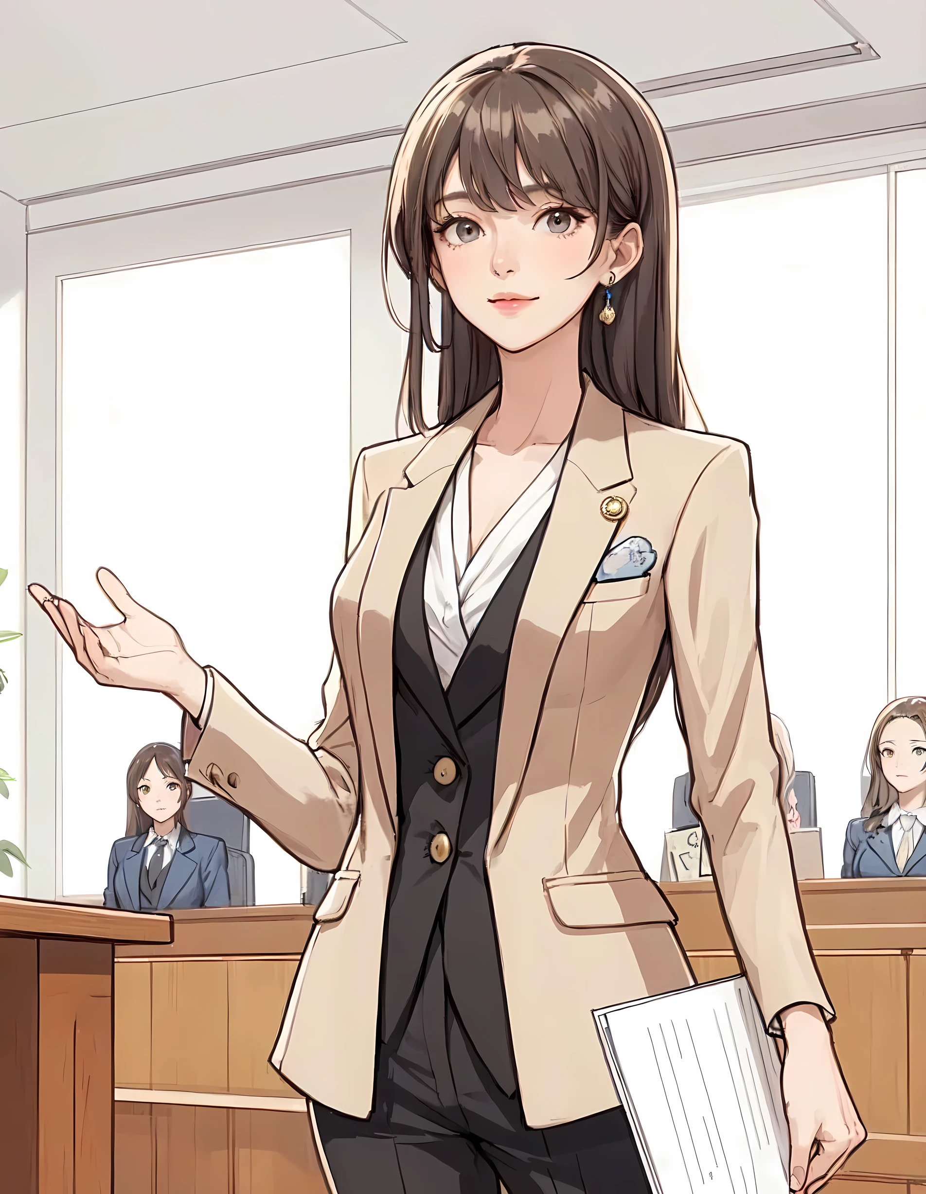 1lady standing, (presenting speech), lawyer, (beige suit jacket) (with small round badge on left chest), pants, (mature female:0.8), /(gray brown hair/) bangs, (light smile:0.8), (masterpiece best quality:1.2) delicate illustration ultra-detailed, large breasts, (holding documents in one hand) BREAK (modern courtroom) in session, indoors, detailed background