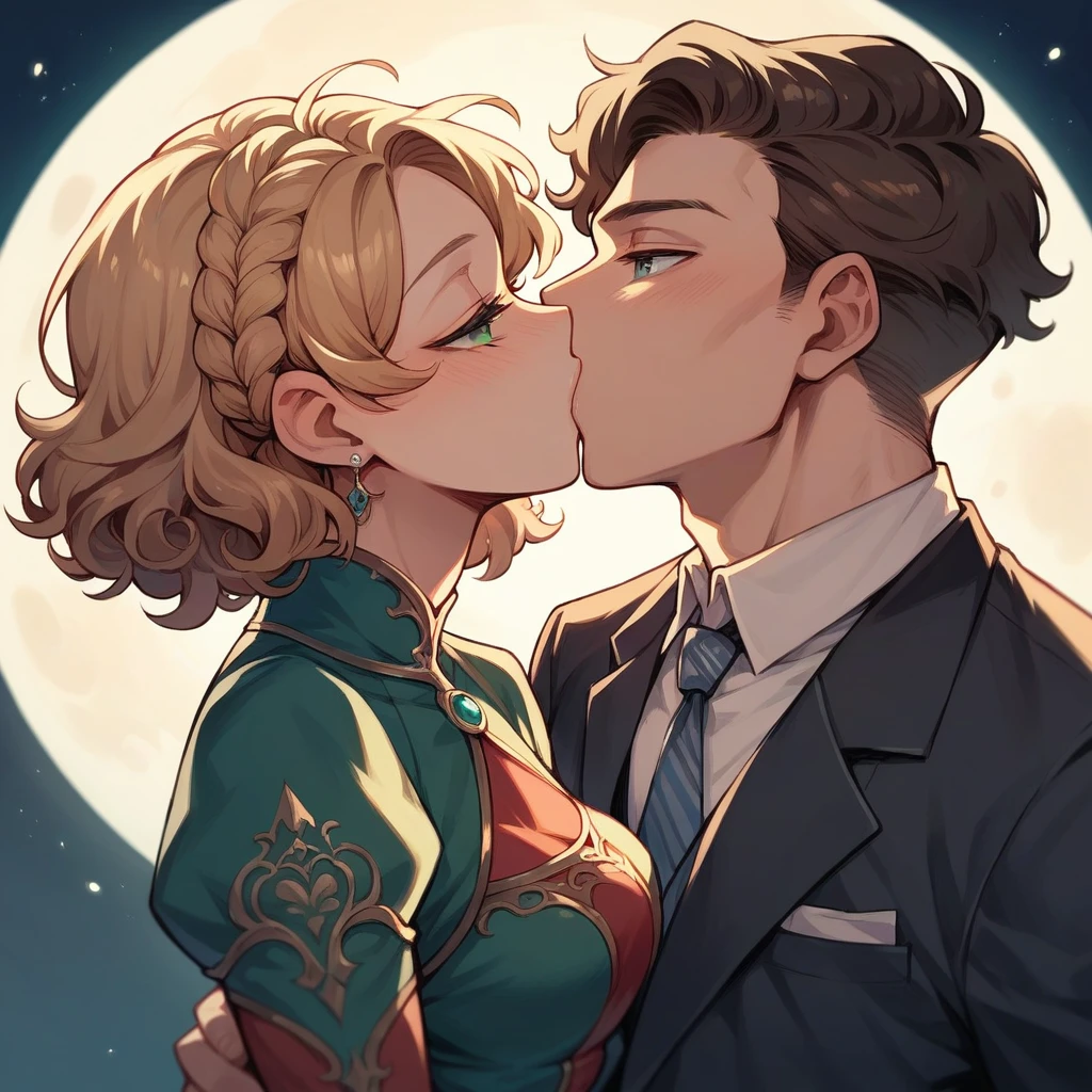 He has blonde short curly hair, blue-grey eyes, suit on, she has brown hair braid, green eyes, red dress on. Kissing under the full moon