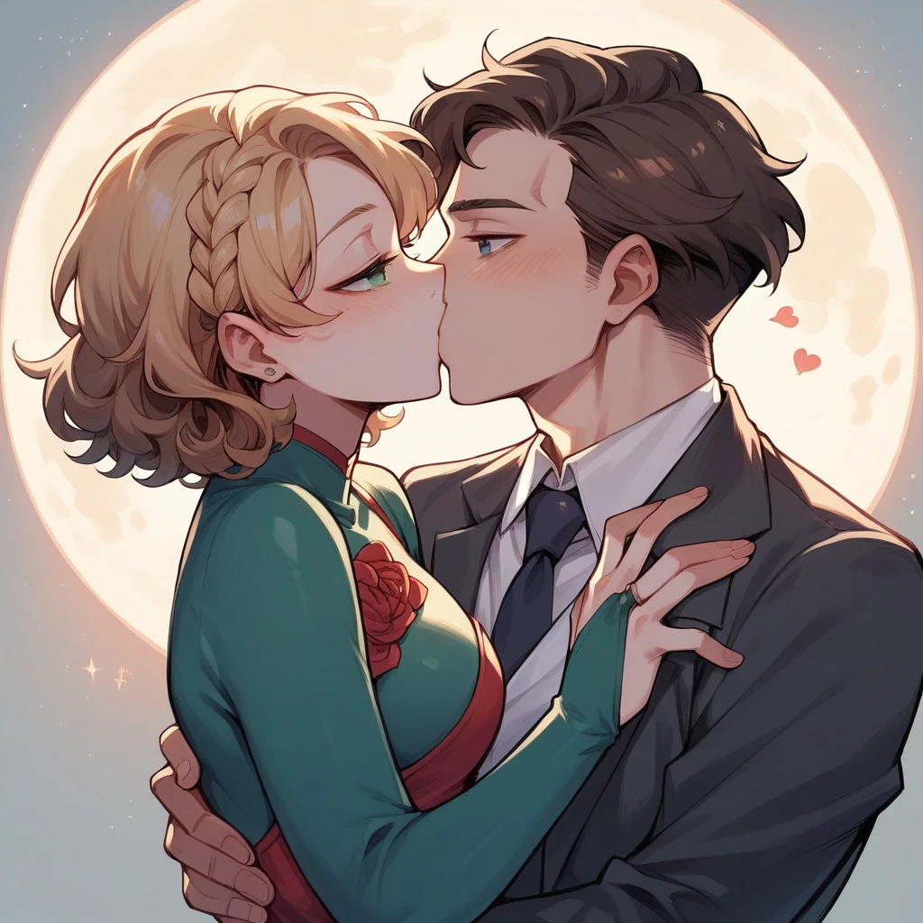 He has blonde short curly hair, blue-grey eyes, suit on, she has brown hair braid, green eyes, red dress on. Kissing under the full moon