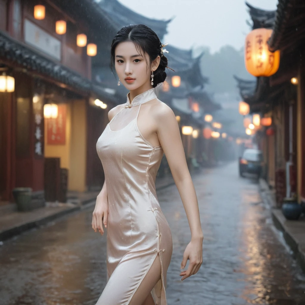 raw photo, realistic, LIU Yifei wears thin wet transparent qipao, light smile, (extreme detailed face, detailed skin), slim body, tight waist, thin thighs, thin legs, huge round breasts, pearl earrings, long ponytail hairstyle, silk bandeau, thin wet stockings, show thighs, show feet, full body shot, kungfu pose on street, soft lights on face, dusk, light rainy, warm tone.