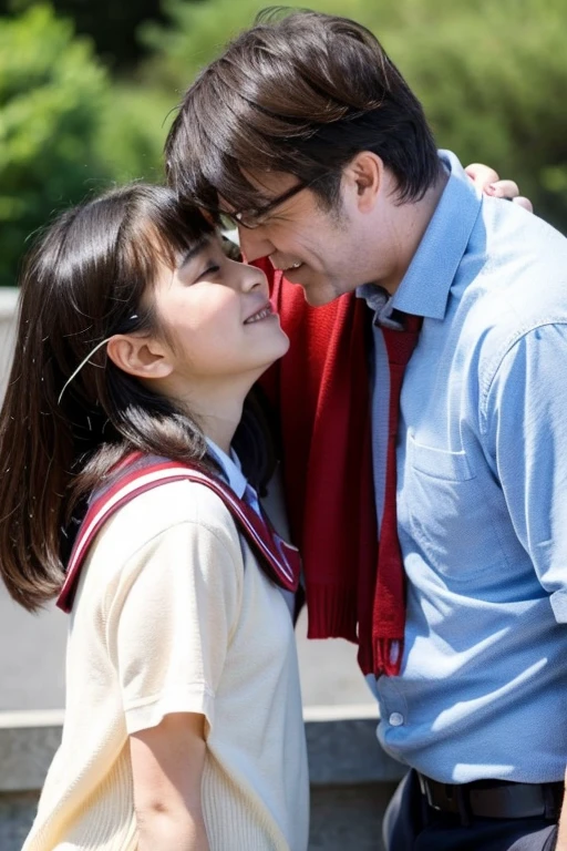 A neat and cute Japanese high school girl caresses a middle-aged man's penis while naked