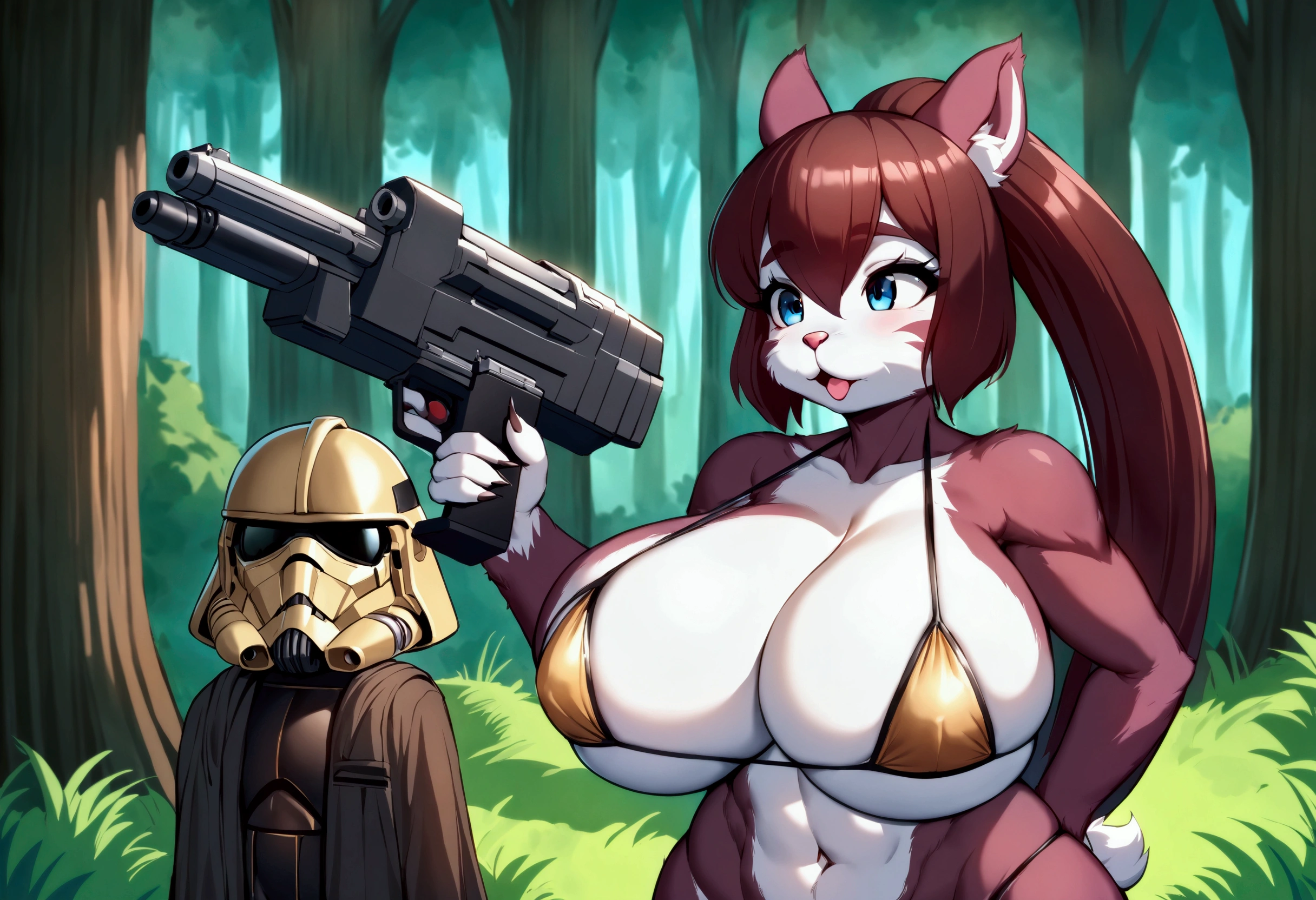 Star Wars, a chipmunk themed alien woman (sexy furry bikini, huge eyes, huge breasts, athletic, body fur, blaster pistol, cute) is sneaking up on an Imperial base. Forest