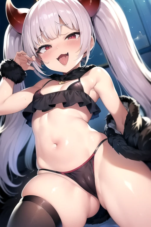 pretty girl、Young face、long silver Hair、long Twin tails、Pink eyeischievous face、Spoiled brat、Immature body、Small breasts、smile、Sweat、(Thick thighs:1.5)、very little demon horns and tail、red eyes、On all fours、Backwards、looking at viewer、sweat、pink tattoo on her abdomen、ハート型の眼、Open mouth、double teeth、fang、swim wear、Black Bikini