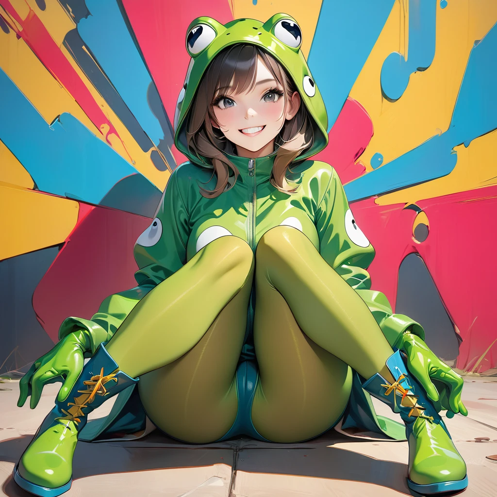 (masterpiece, best quality:1.2), pop art, solo, a cute girl wearing frog suit, frog gloves, flog tights, flog boots, sit with legs apart, grin, Generated in SFW, ARW