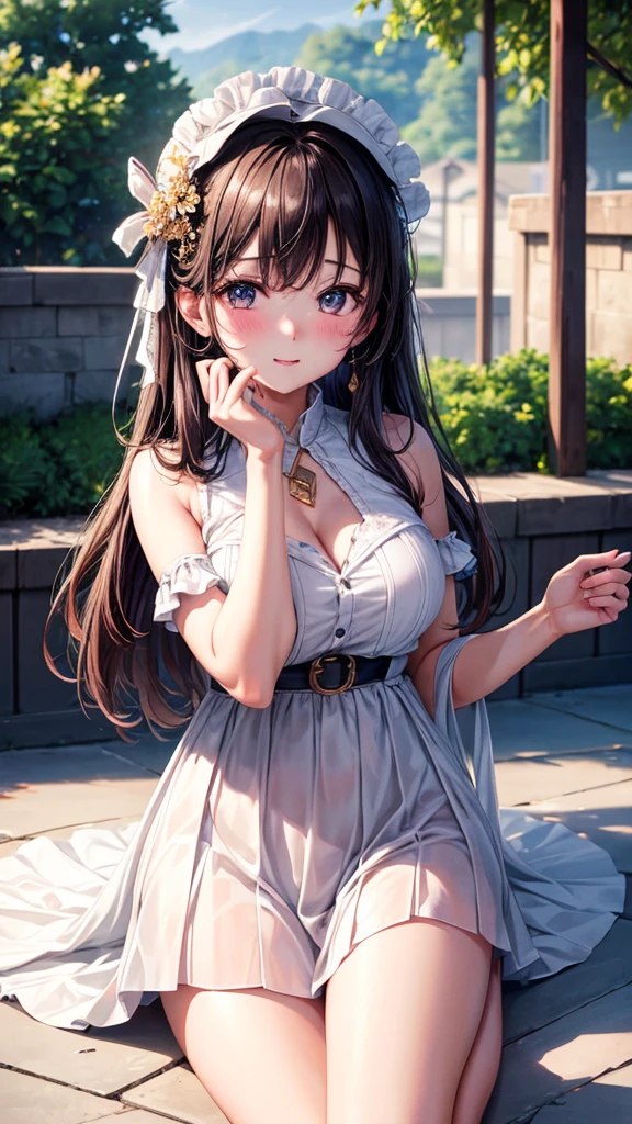 (Absurd, High resolution, Super detailed), masterpiece, Hinata(bolt), ((alone)), One girl,Medium chest, Long purple Victorian dress, Mouth closed, (((Long Hair))),Are standing, Bodice and skirt patterns, Frilled Skirt, race, Blinking blinking effect, (((Detailed lips))), garden, Pink and yellow flowers, ((Realistic Skin)), Glowing Skin, ((Glossy Red Lips)), Purple eyes, Portraiture, beautiful, smile, (((Dark blue hair))), Bust Crop, Normal skin