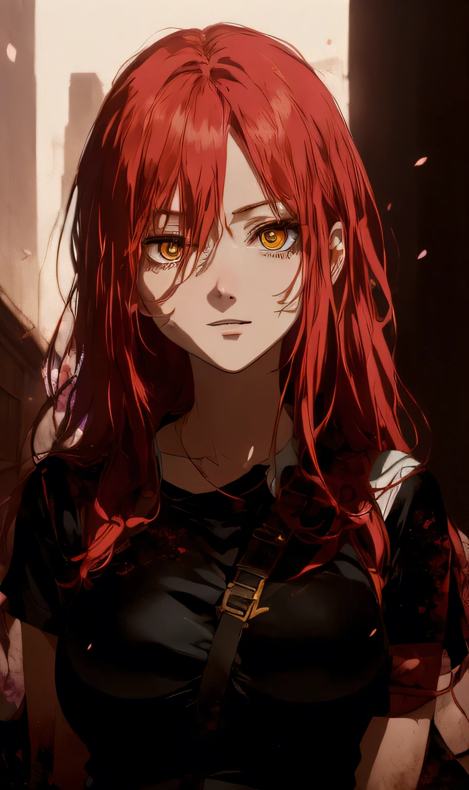 boudica（destiny）、Long red hair bleeding、bloodshot eyes、gorgeous、Holding a broken sword、Burning Background、Disheveled Hair、Tattered clothes、
