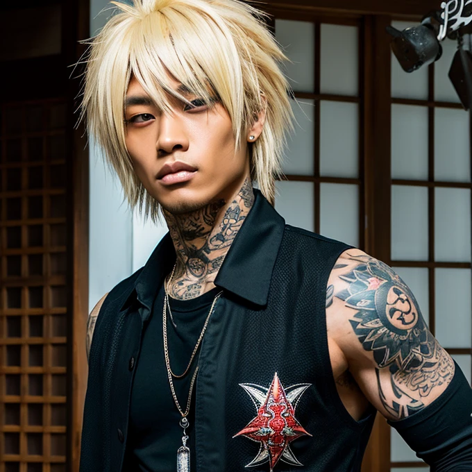 1 man, Japanese man, male, Asian eyes, muscular, broad shoulders, yakuza tattoos, hairstyle Visual Kei style, hair Visual Kei, black men's shirt and black pants, ultra detailed face, hyperrealistic, realistic representation, long hair, long hair, 30 years old, age 30 years, blond, blonde hair