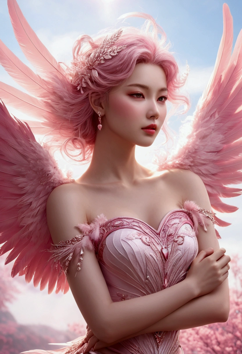 Beautiful views Soft plumage Pink World Gentle Breeze light 8K Fantasy Beautiful women and men like heart