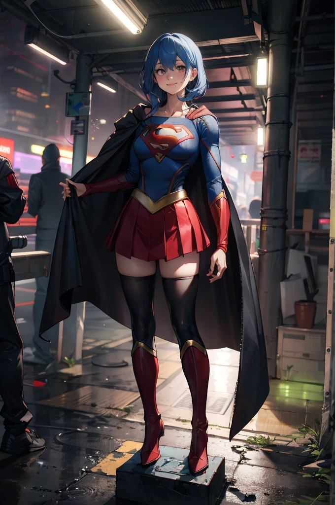 Supergirl in the dark, long black cloak, spooky smile, cyberpunk, standing statue, full body,