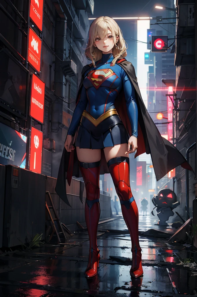 Supergirl in the dark, long black cloak, spooky smile, cyberpunk, standing statue, full body,
